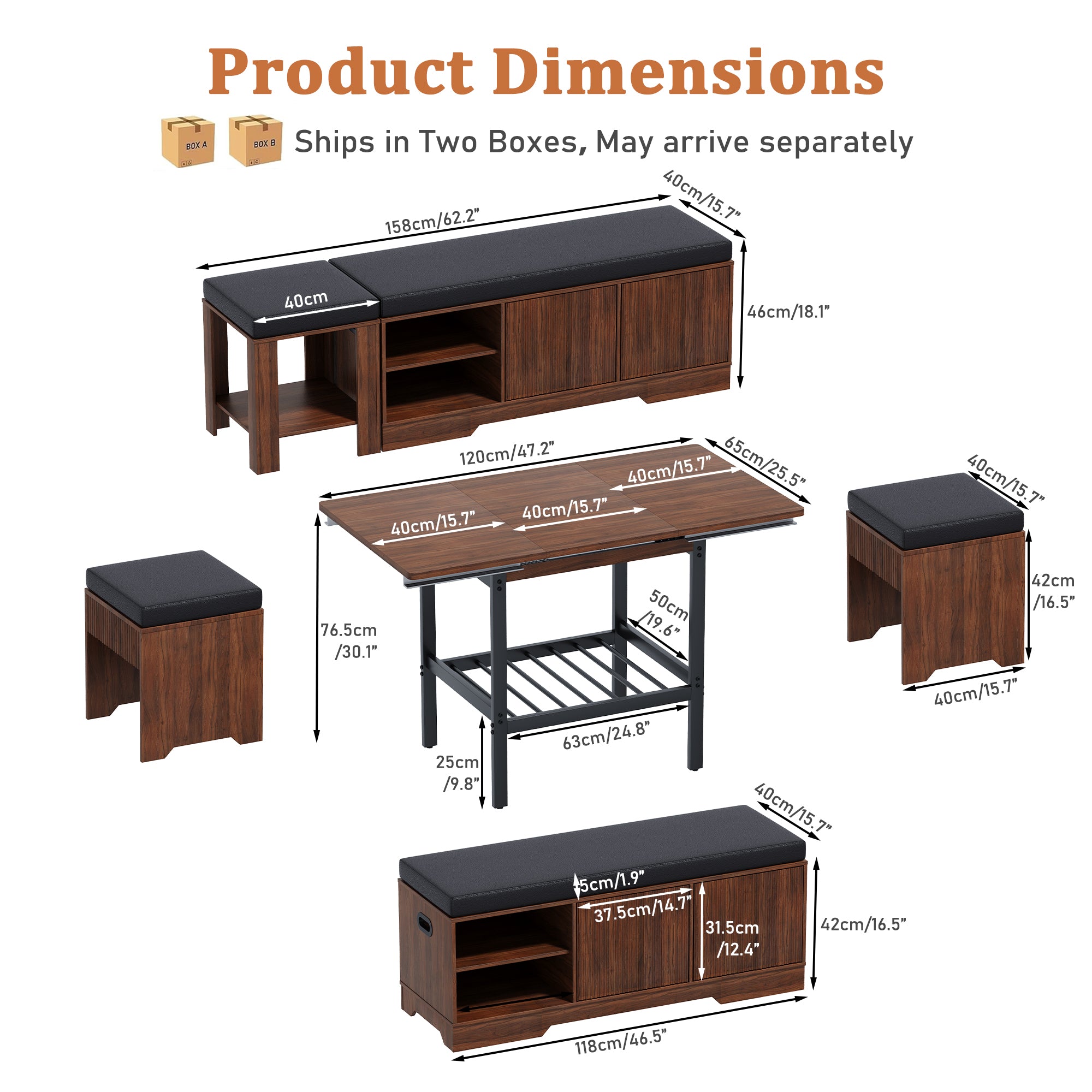 Product dimensions of a wooden table and stools with black cushions on a white background.