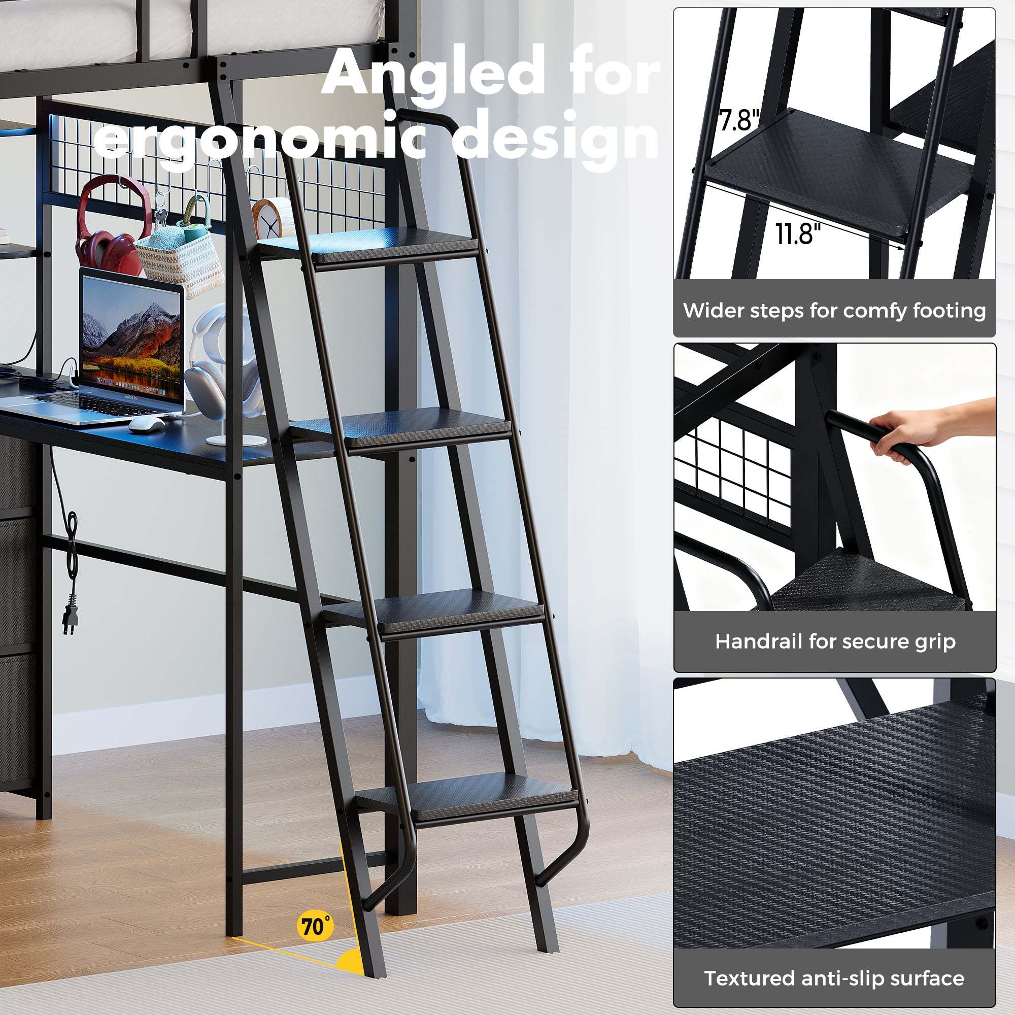 Black step ladder with ergonomic design features in a home office setting