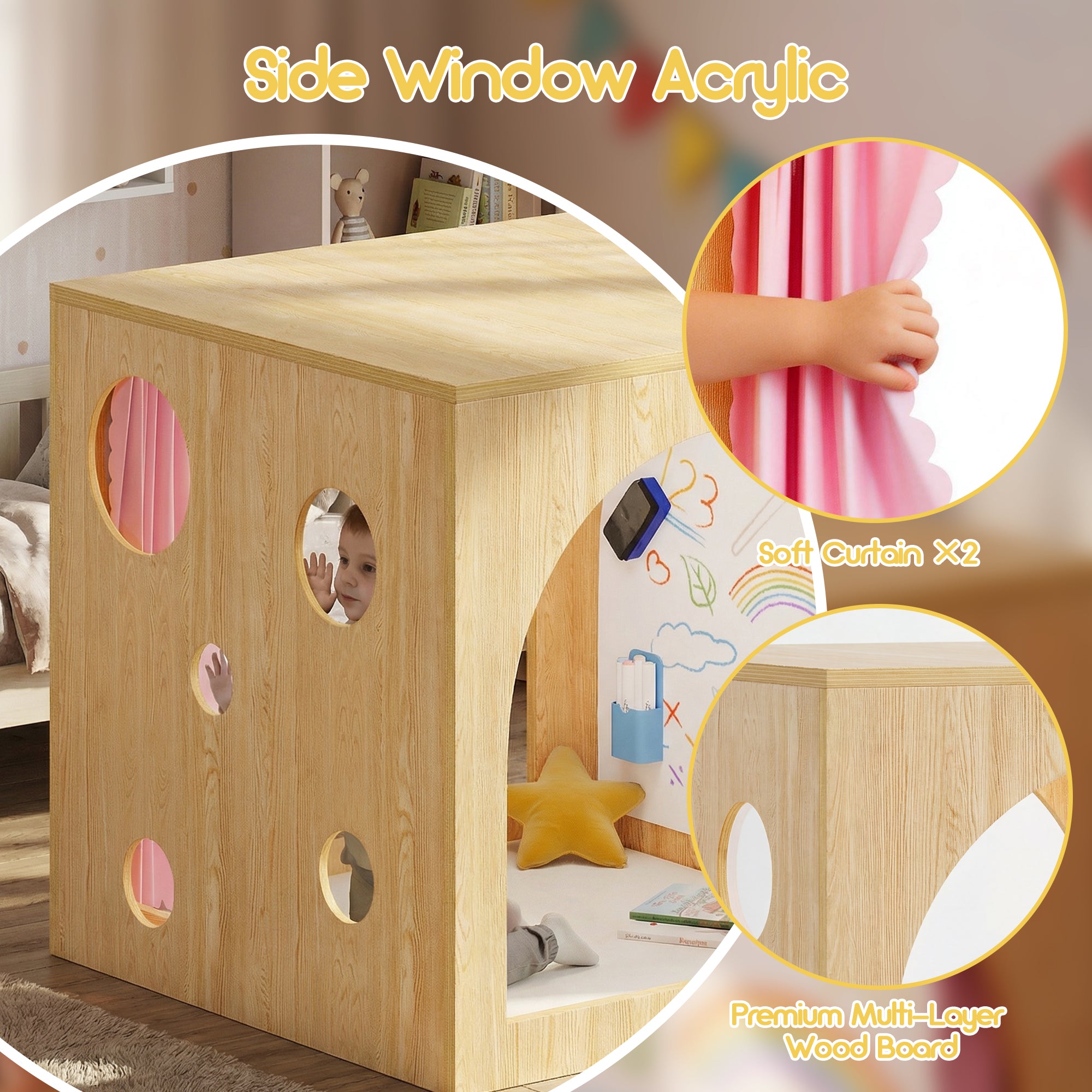 Wooden playhouse with acrylic side window, soft curtain, and premium wood board details.