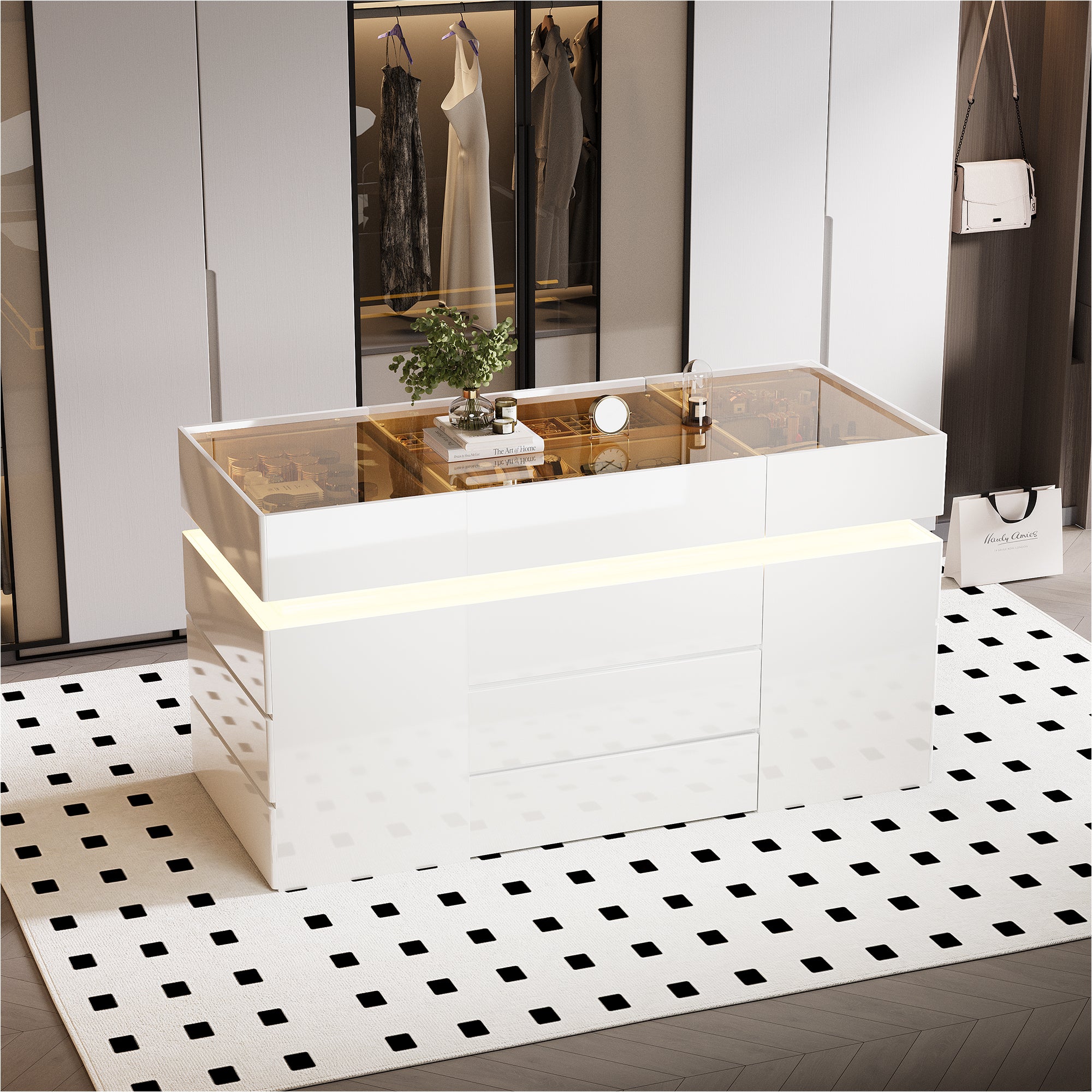 Modern white reception desk with a glass top in a stylish interior setting.