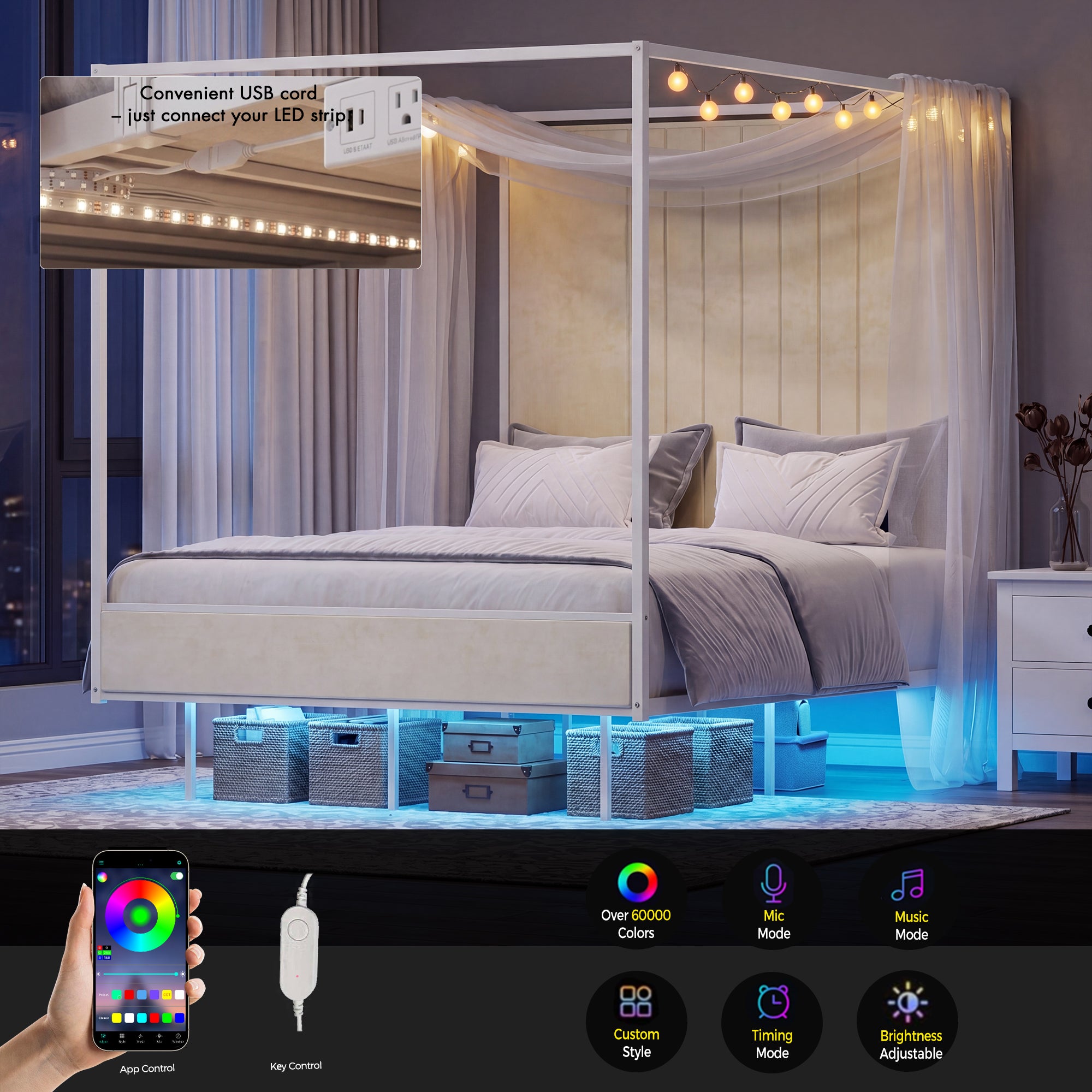 Advwin Canopy Bed Frame with RGB LED Strip Lights
