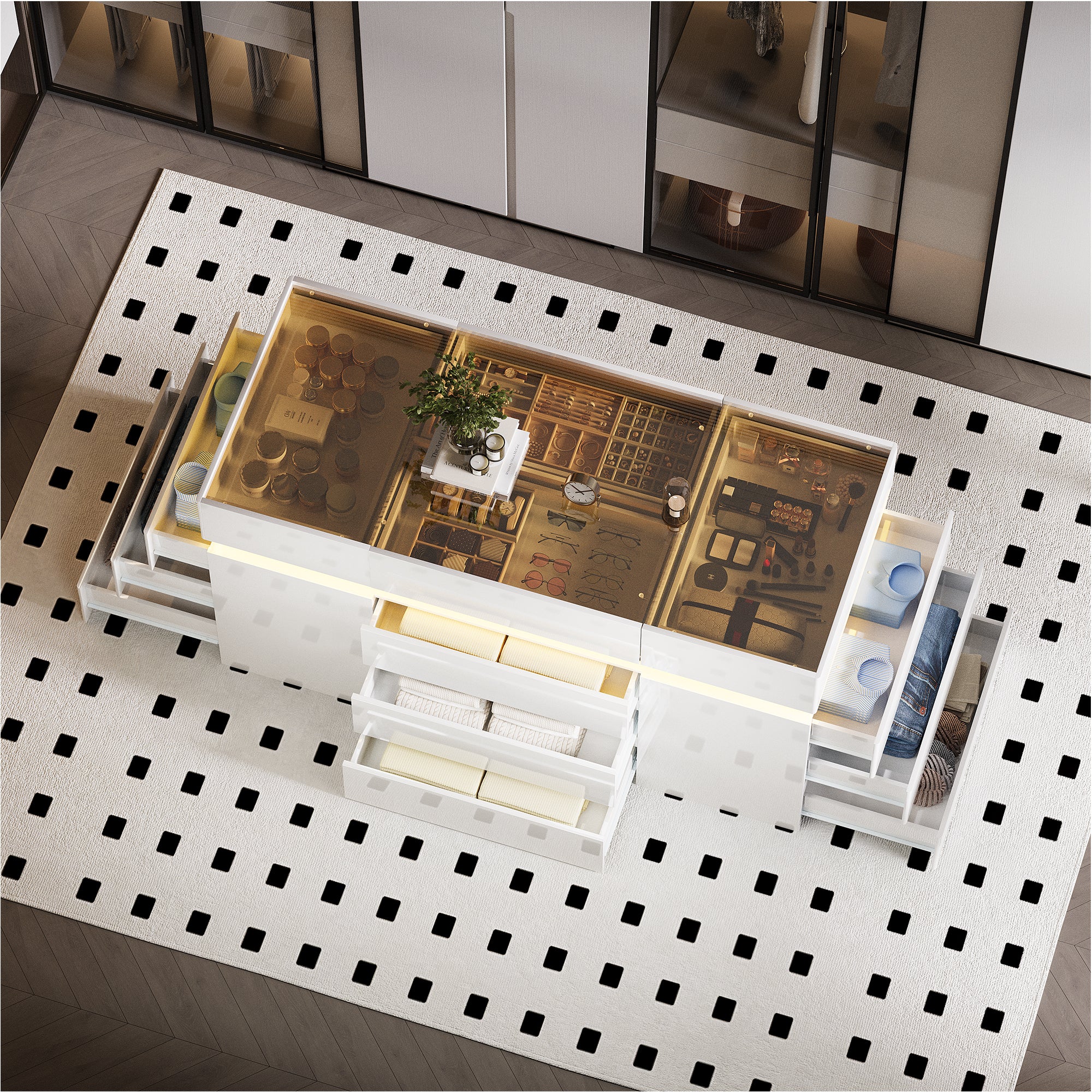 Modern coffee table with glass top and decorative items on a patterned floor.