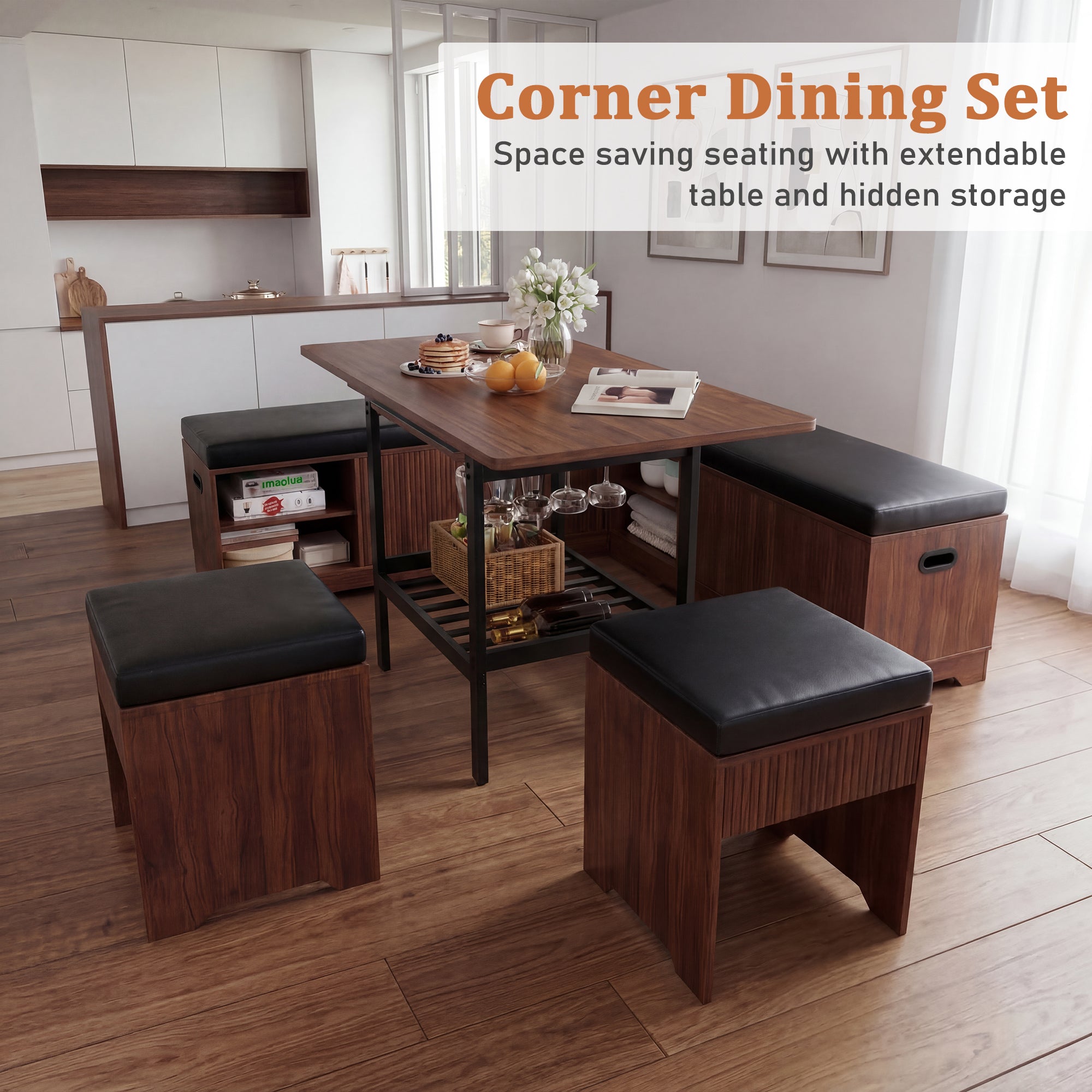 Advwin Extendable Breakfast Nook Set w/ Storage Benches