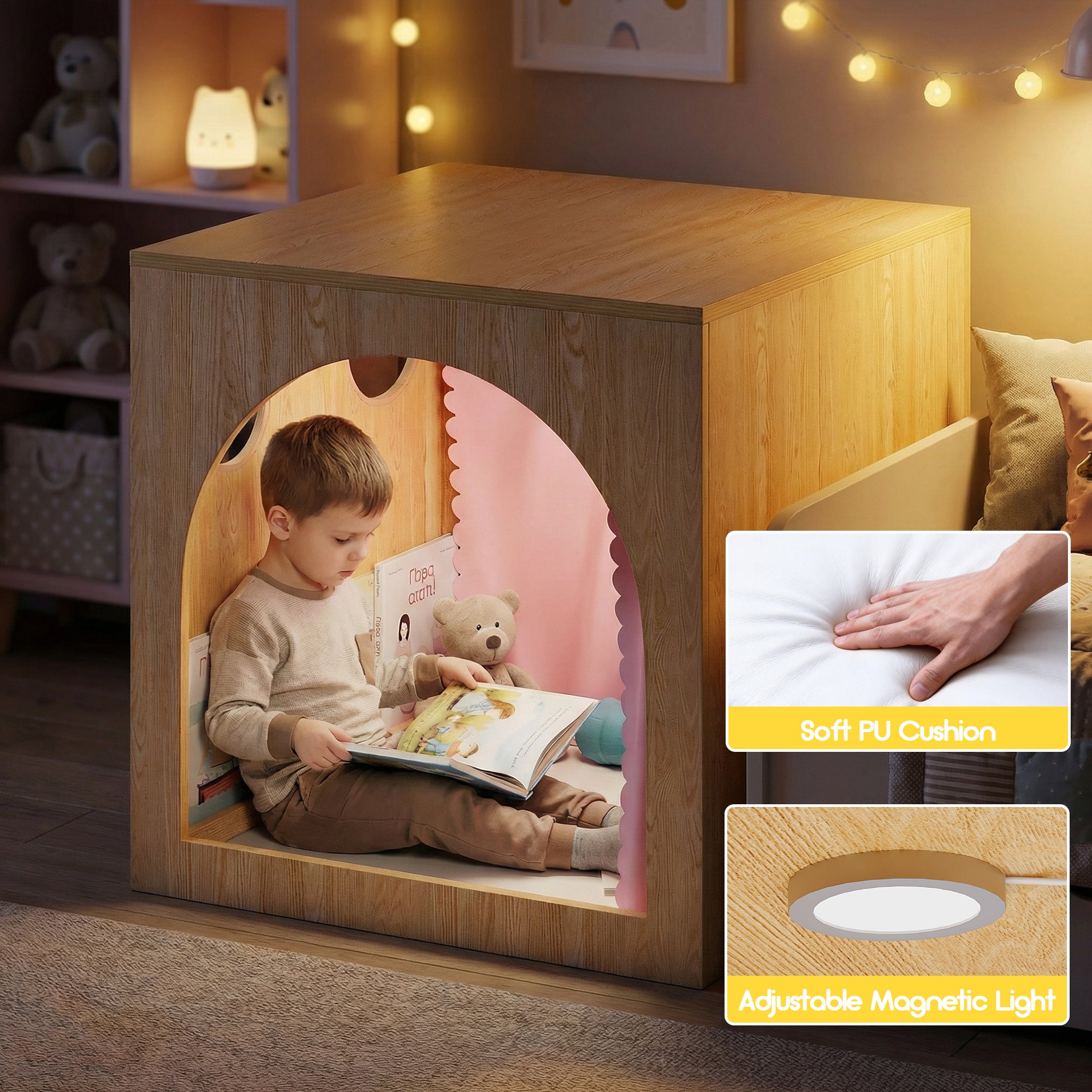 Child reading a book in a wooden nook with soft cushion and adjustable light, surrounded by cozy decor.