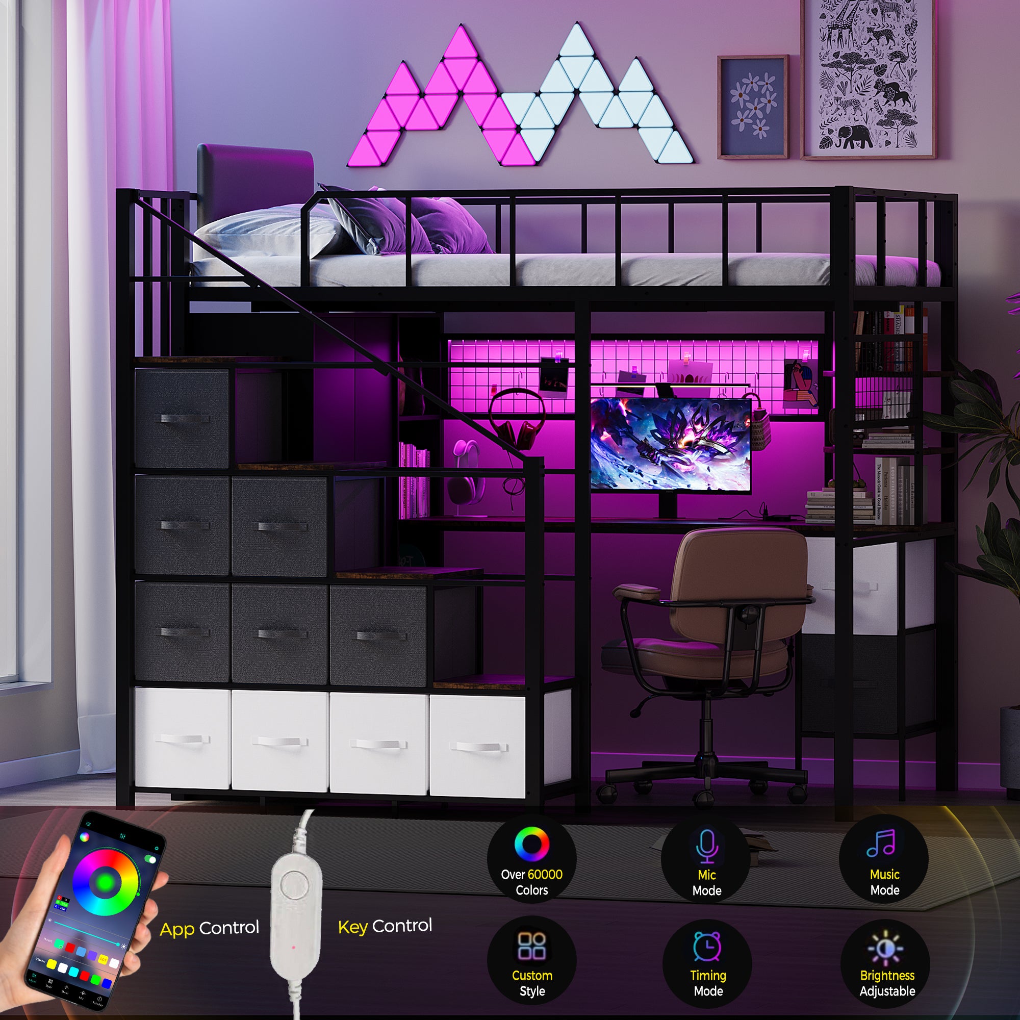 Advwin Space-Saving Loft Bed with LED Light & Drawers