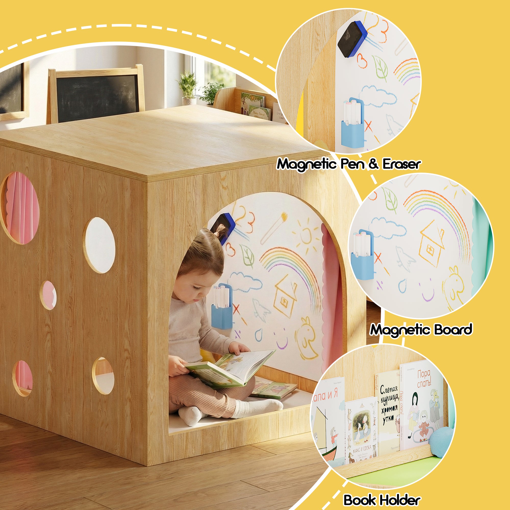 Child playing with a wooden playhouse with educational components on a yellow background