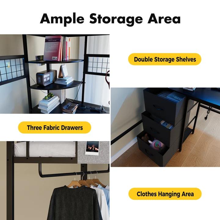 Room with double storage shelves, three fabric drawers, and clothes hanging area.