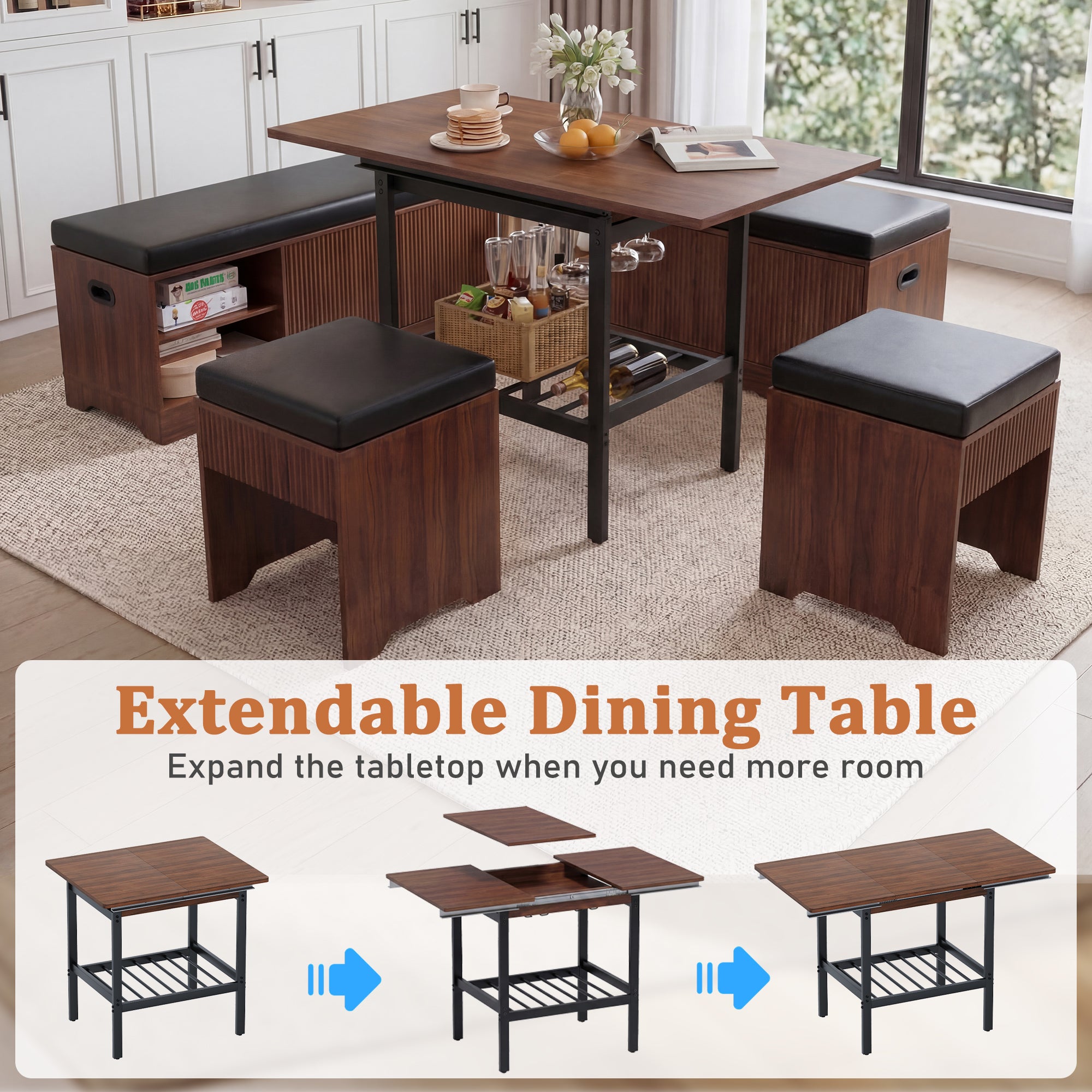 Extendable dining table with stools in a room setting, showing the table's ability to expand.