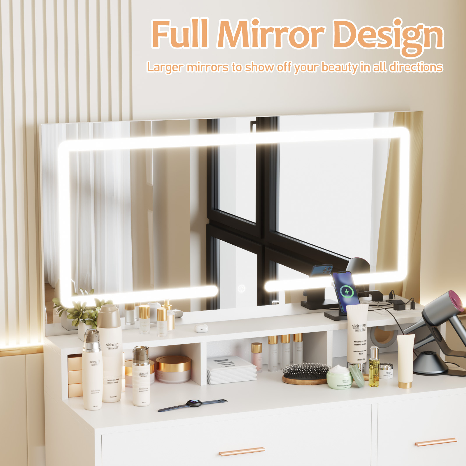 Advwin white desk makeup with full mirror design