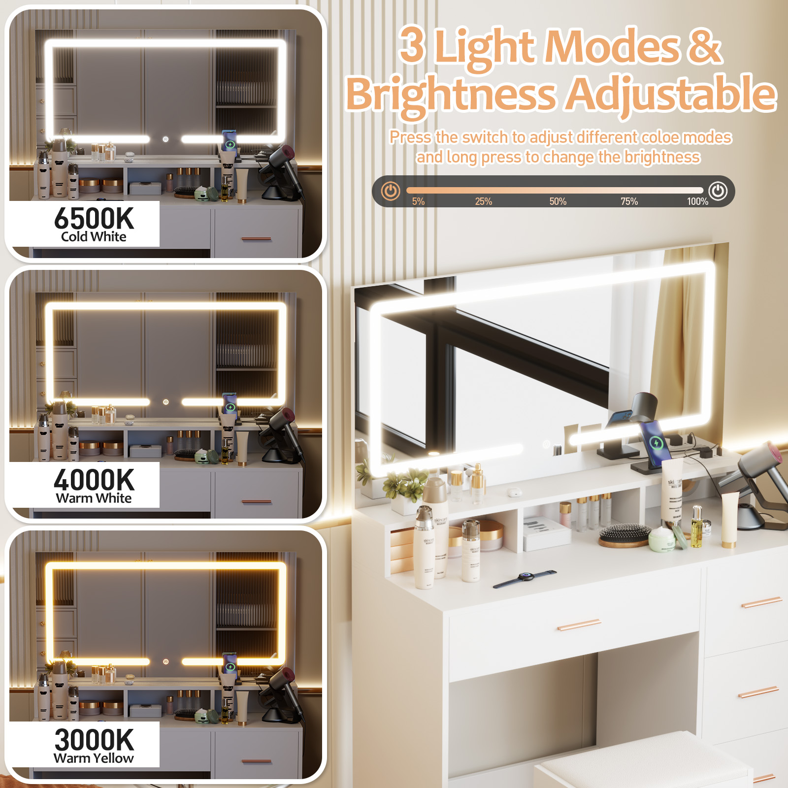 Advwin desk for makeup with 3 light modes