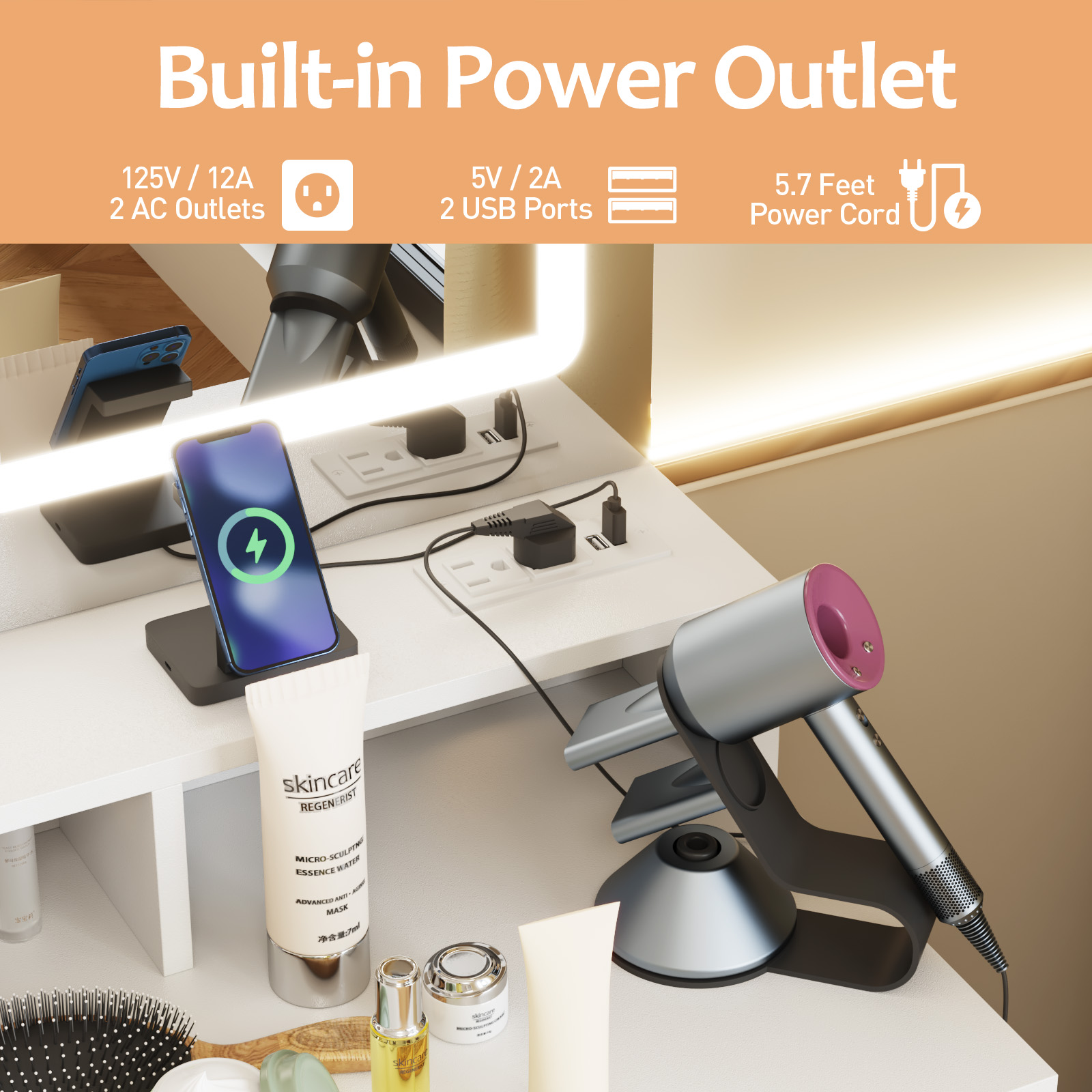 Advwin white desk for makeup built-in power outlet