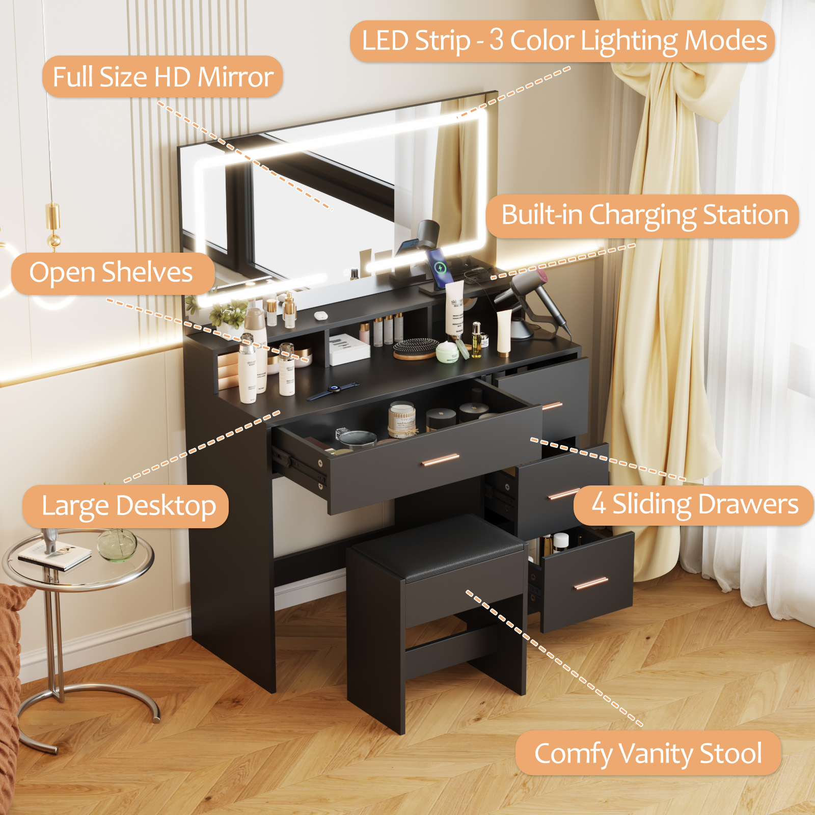 Advwin black desk makeup open shelves