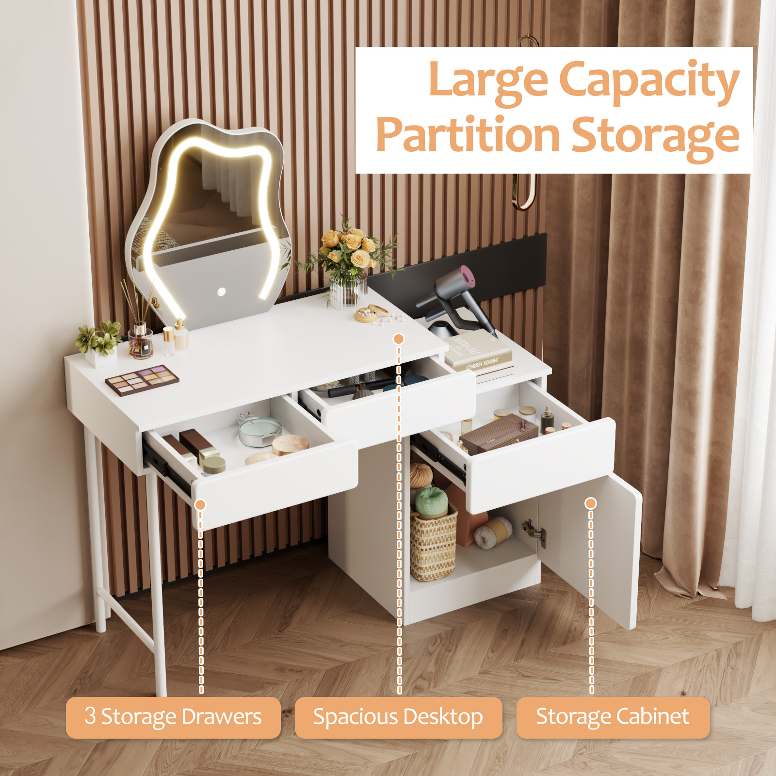 Advwin Makeup Vanity with Large Capacity Partition Storage