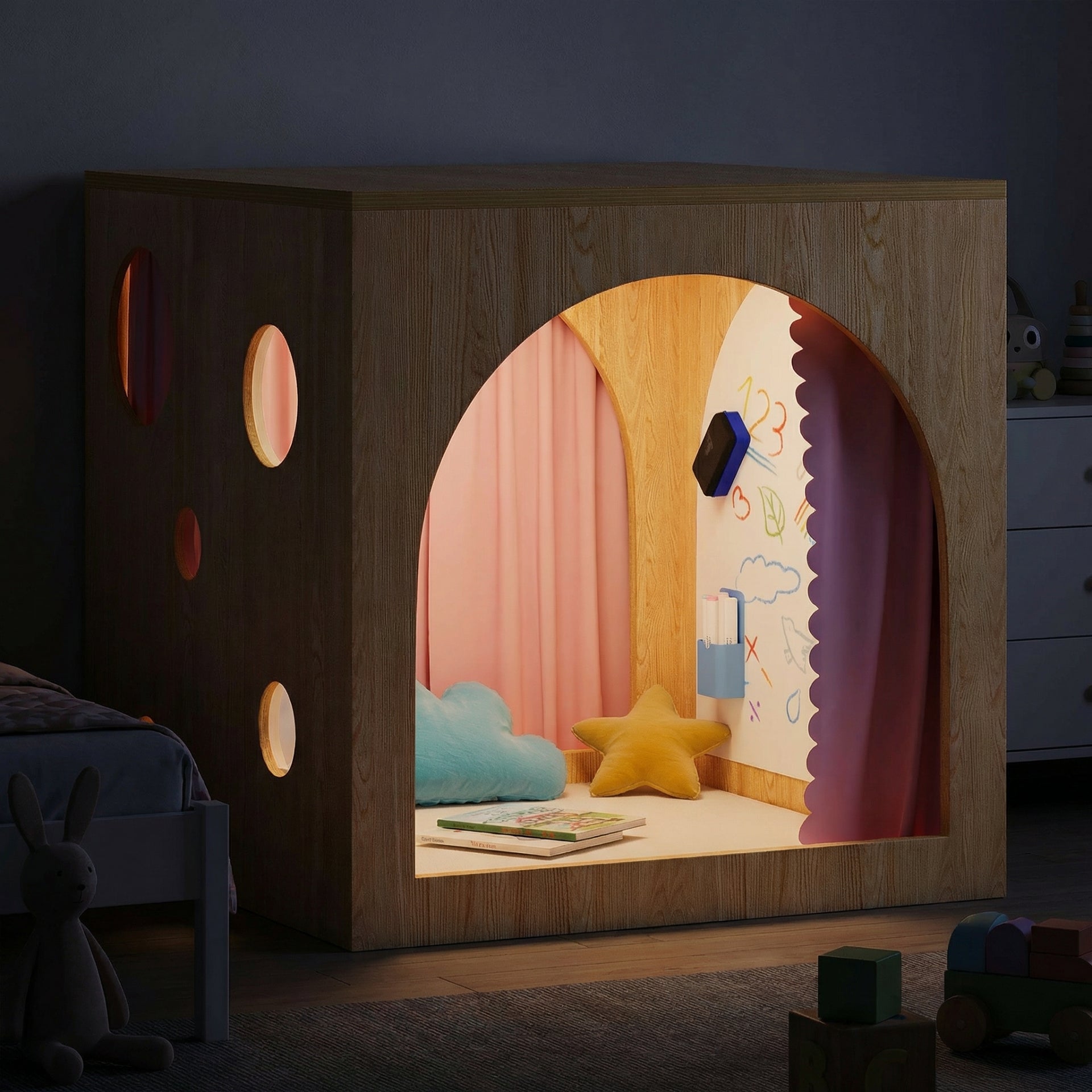 Wooden playhouse with colorful interior in a child's room