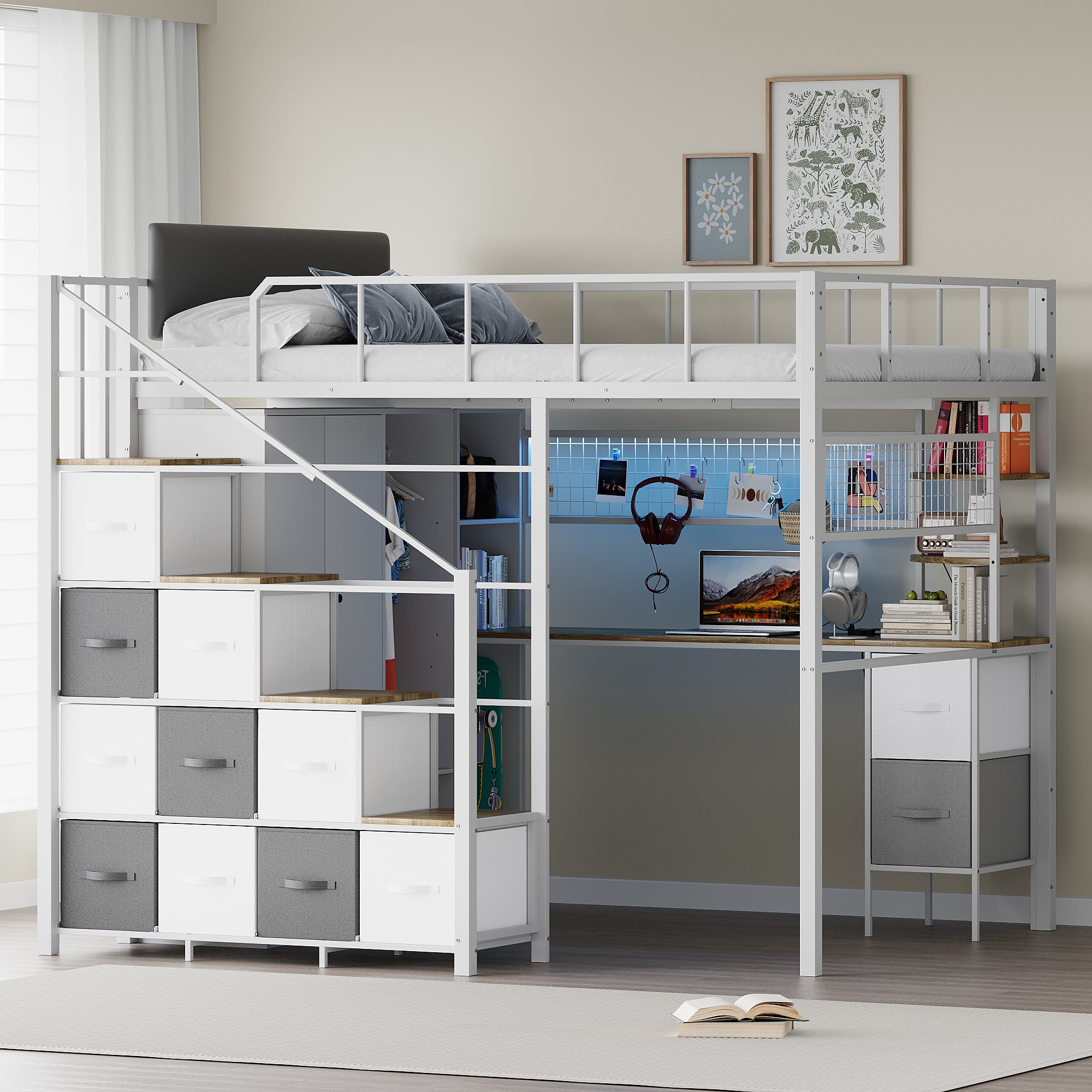 Advwin Space-Saving Loft Bed with LED Light & Drawers