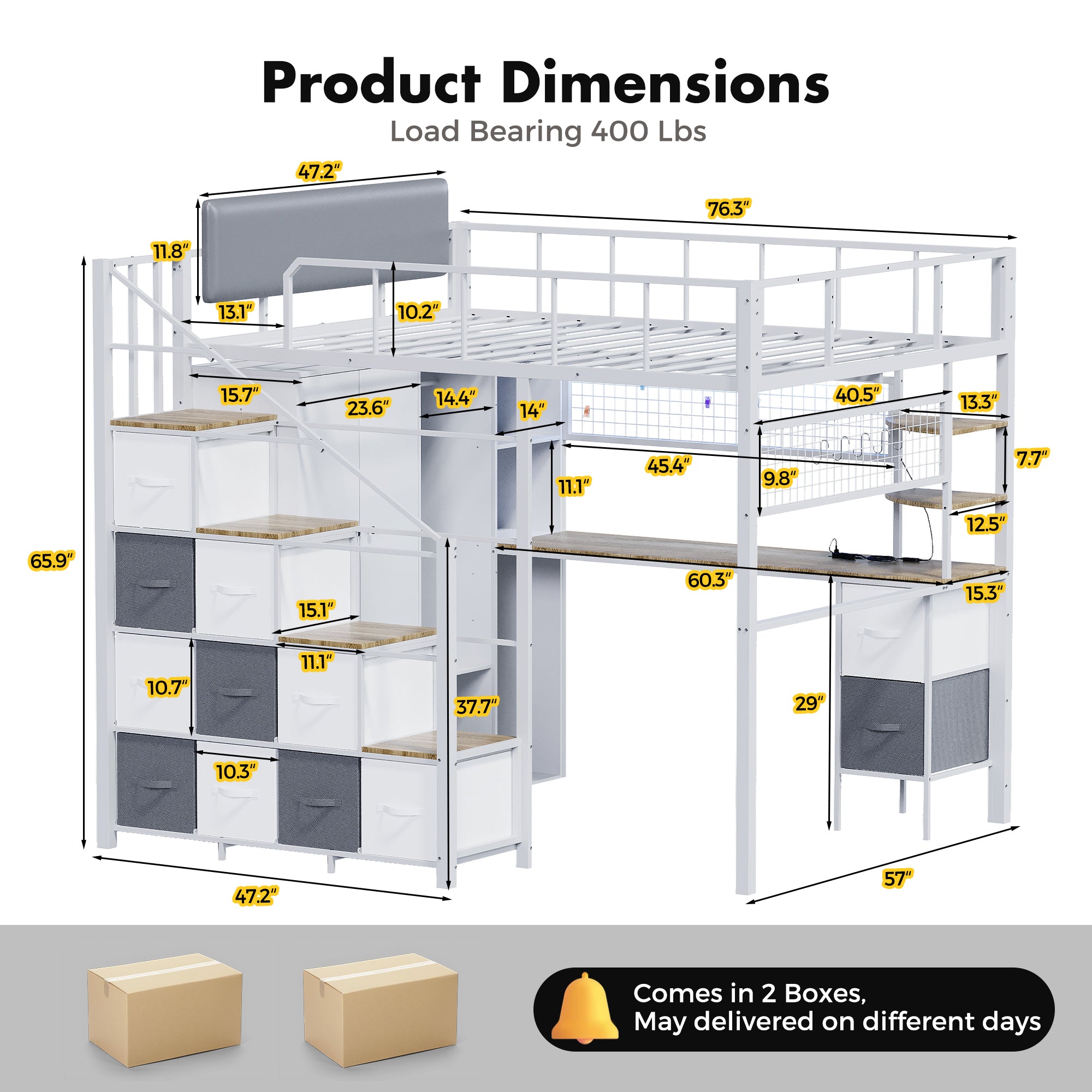 Advwin Space-Saving Loft Bed with LED Light & Drawers