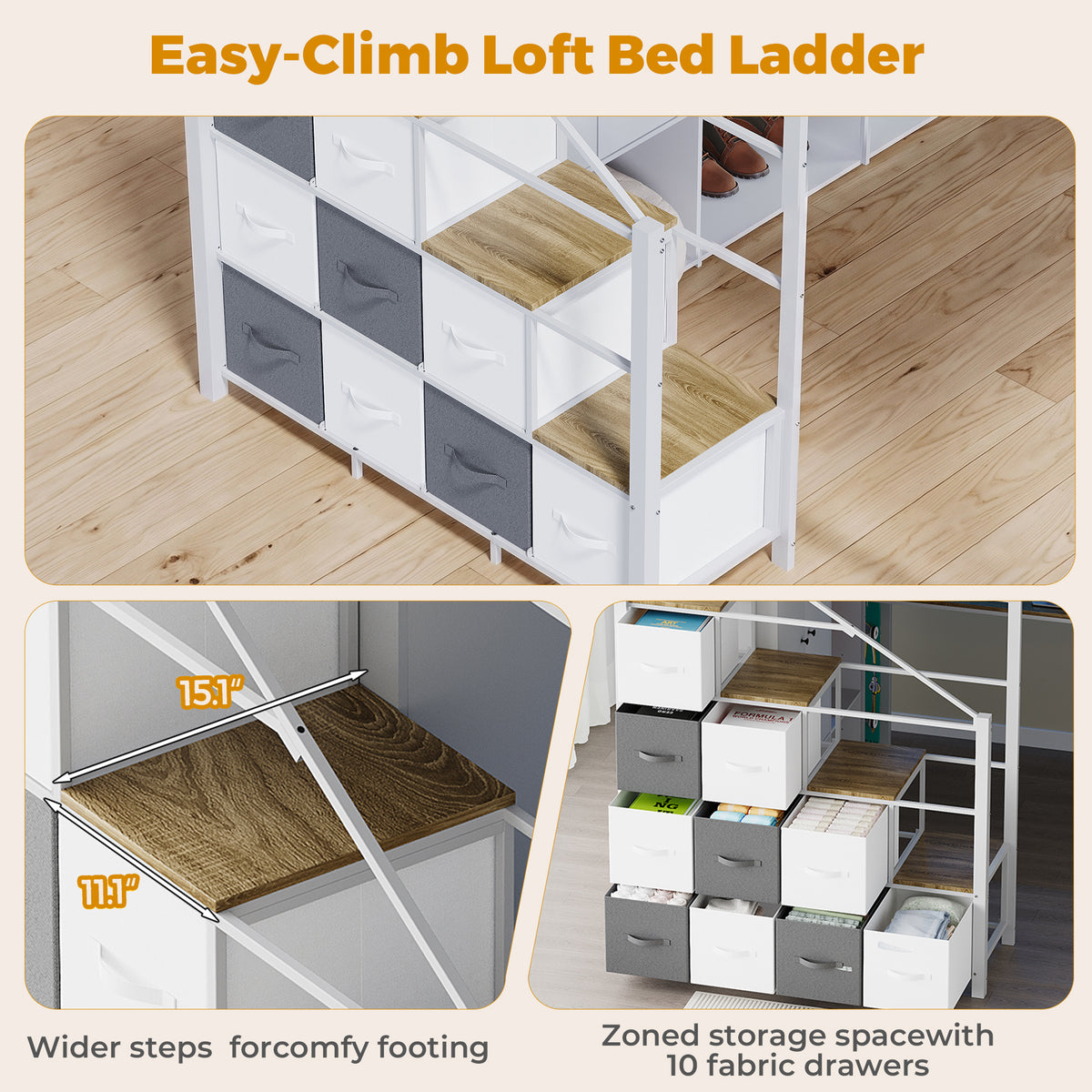 Advwin Space-Saving Loft Bed with LED Light & Drawers