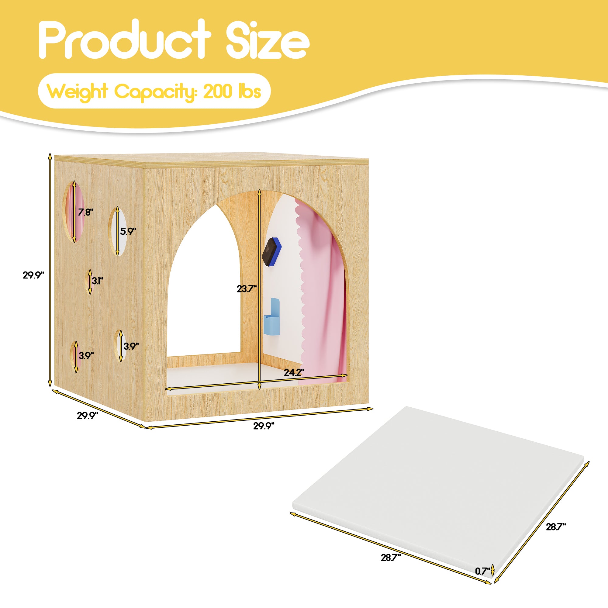 Wooden product with dimensions and weight capacity displayed on a white background