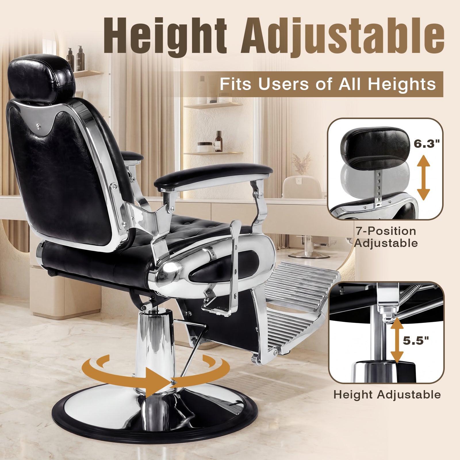 Height adjustable barber chair with detailed features on a neutral background