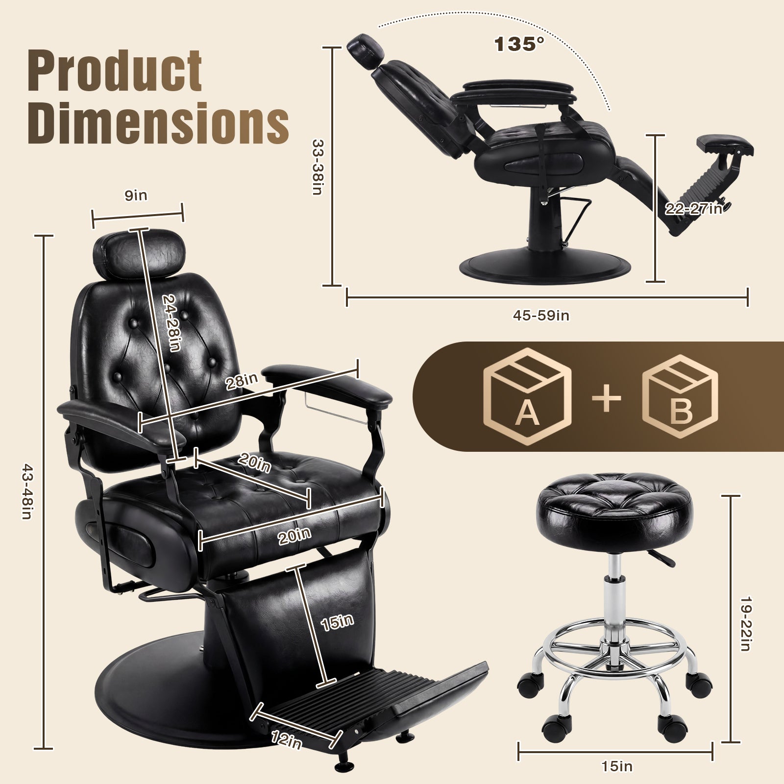 Black barber chair with detailed dimensions on a beige background