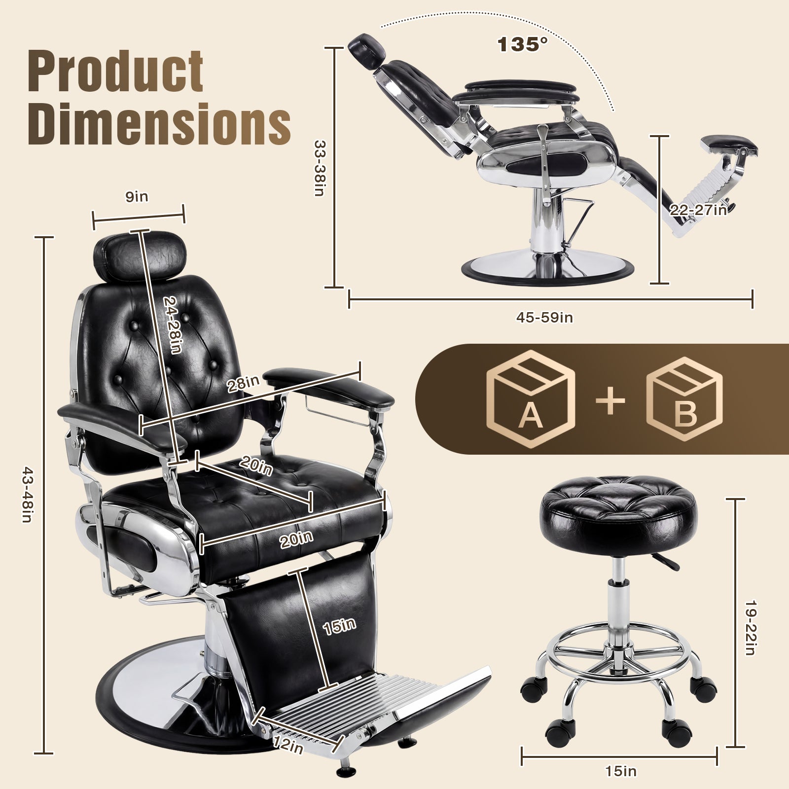 Barber chair with dimensions labeled on a beige background