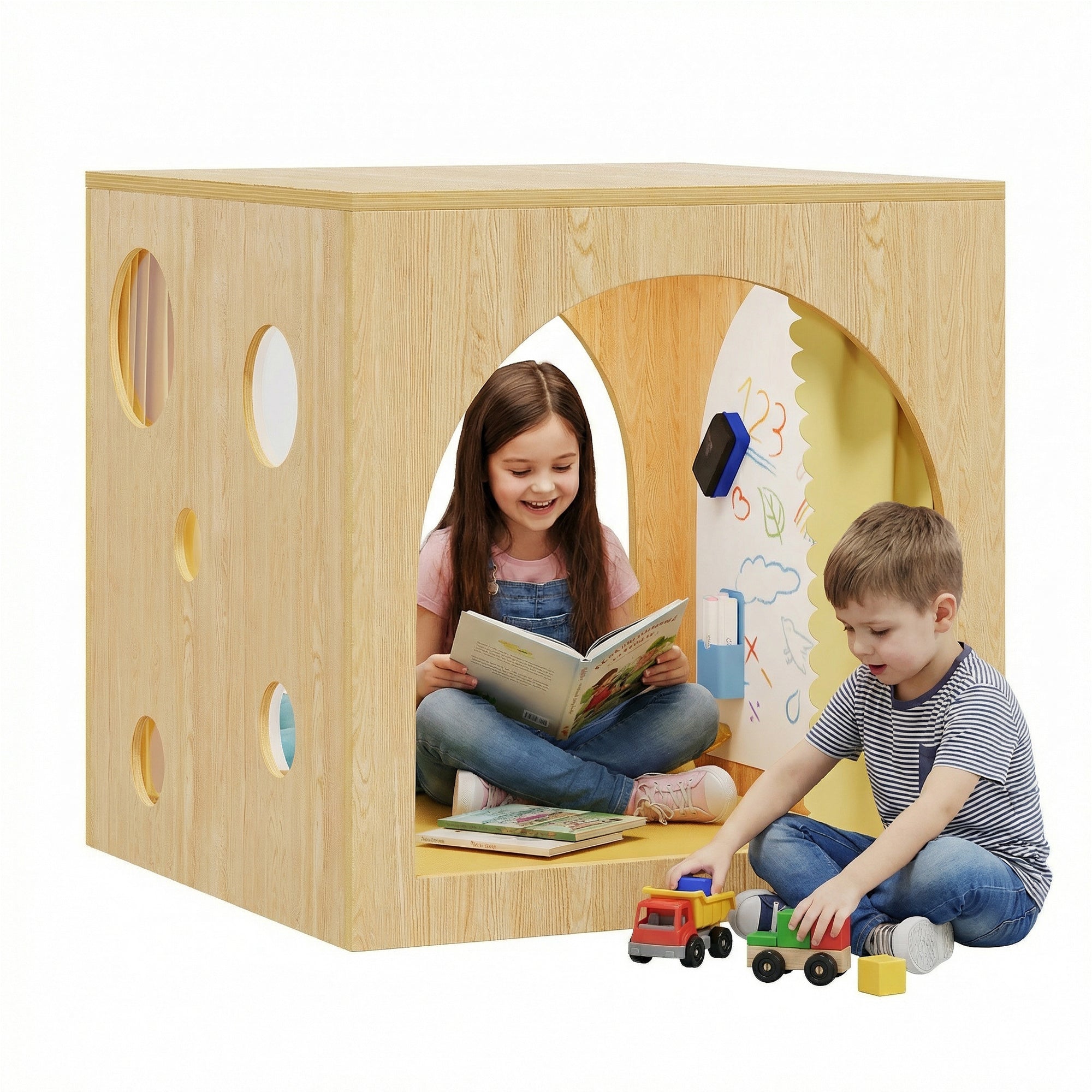 Wooden playhouse with children inside, one reading a book and the other playing with toys.