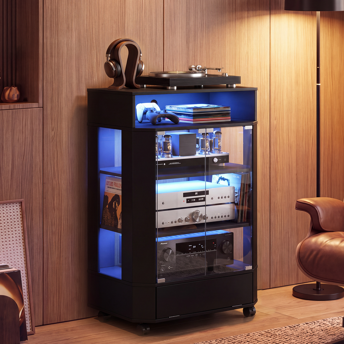 Advwin 6-Tier Media Cabinet with Tempered Glass Door