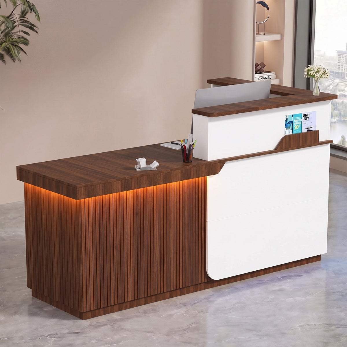 Advwin L-Shape Fluted Reception Desk w/ Counter & LED