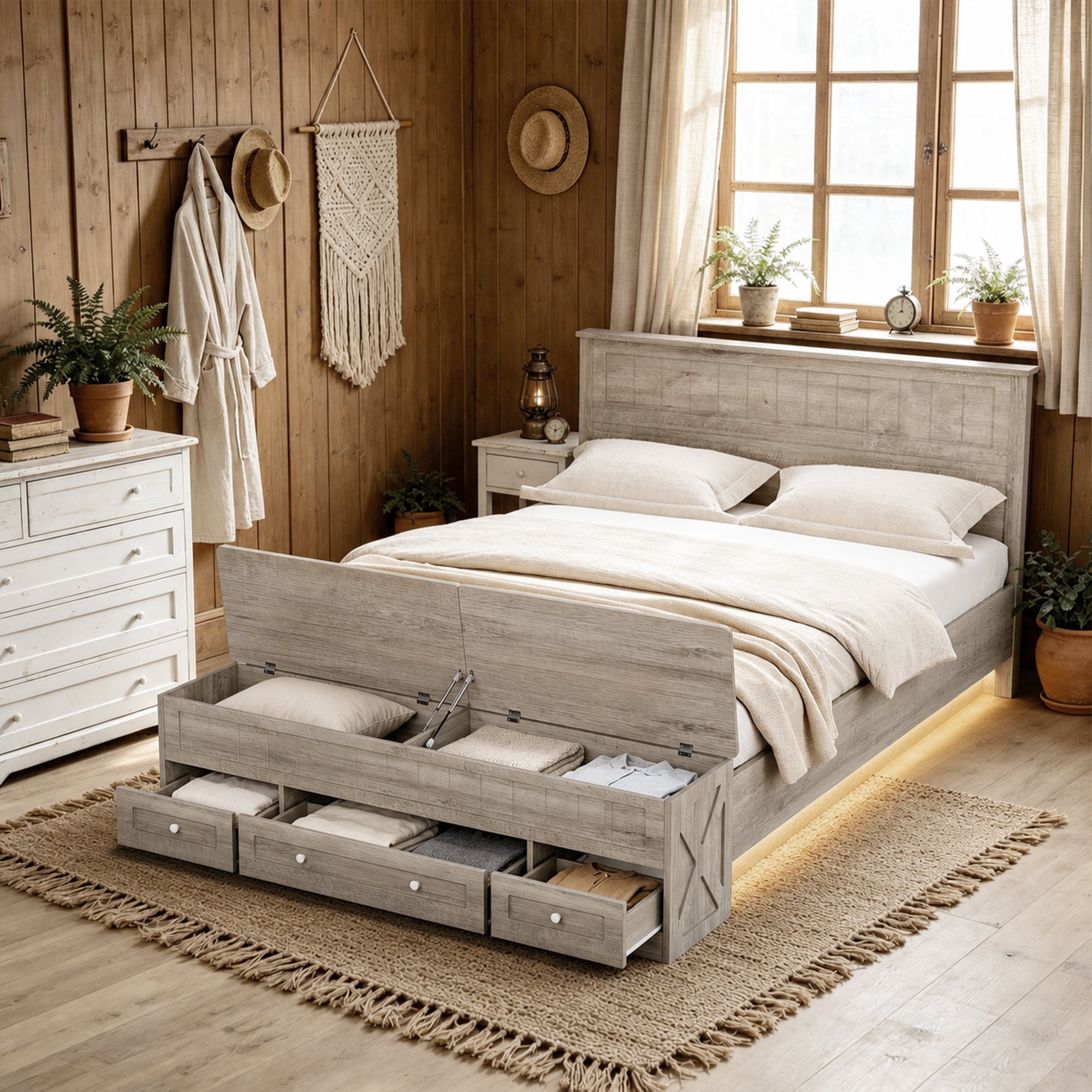 Advwin Queen Farmhouse Bed w/ Headboard & Storage Bench