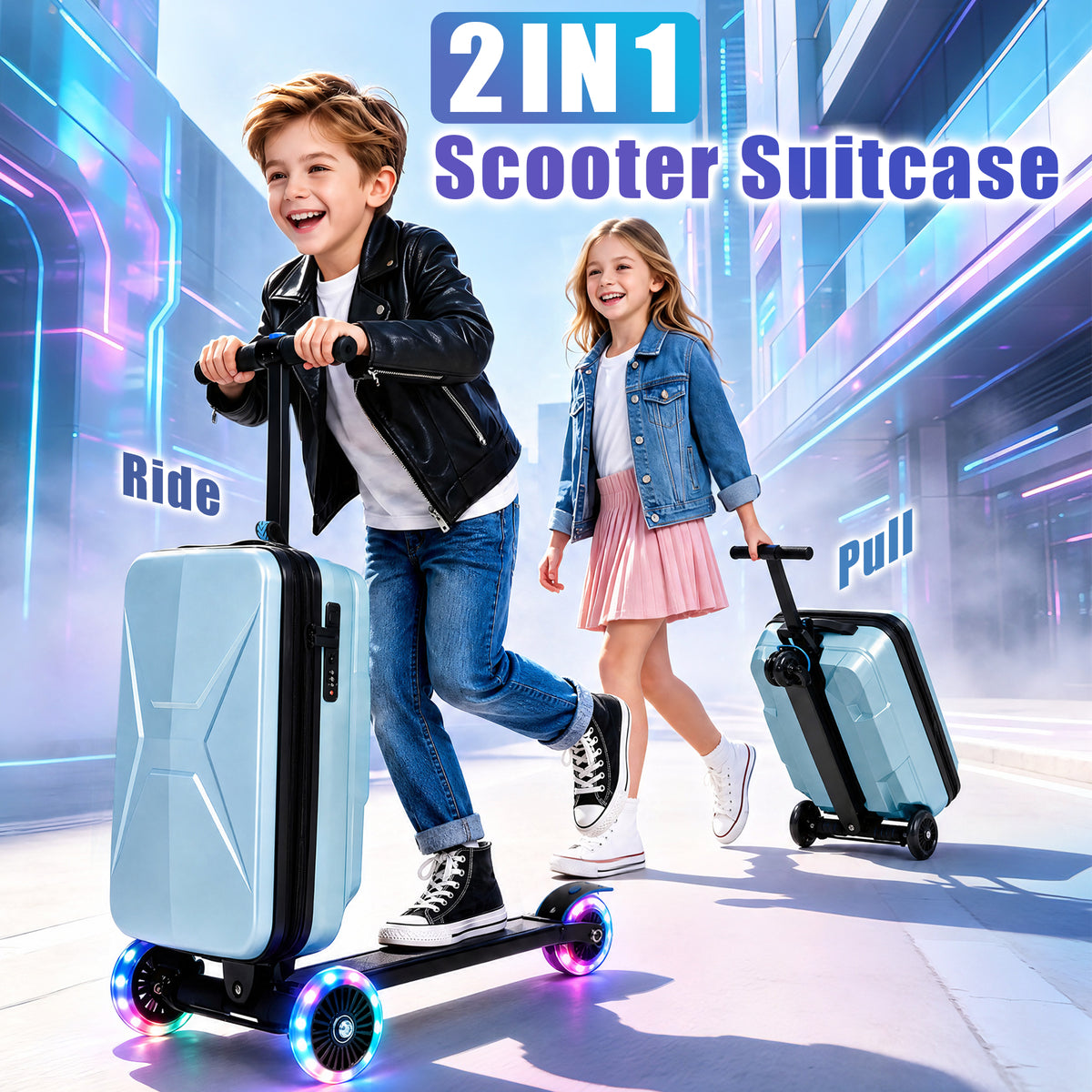 Advwin Expandable Scooter Suitcase for Kids w/ LED Wheel