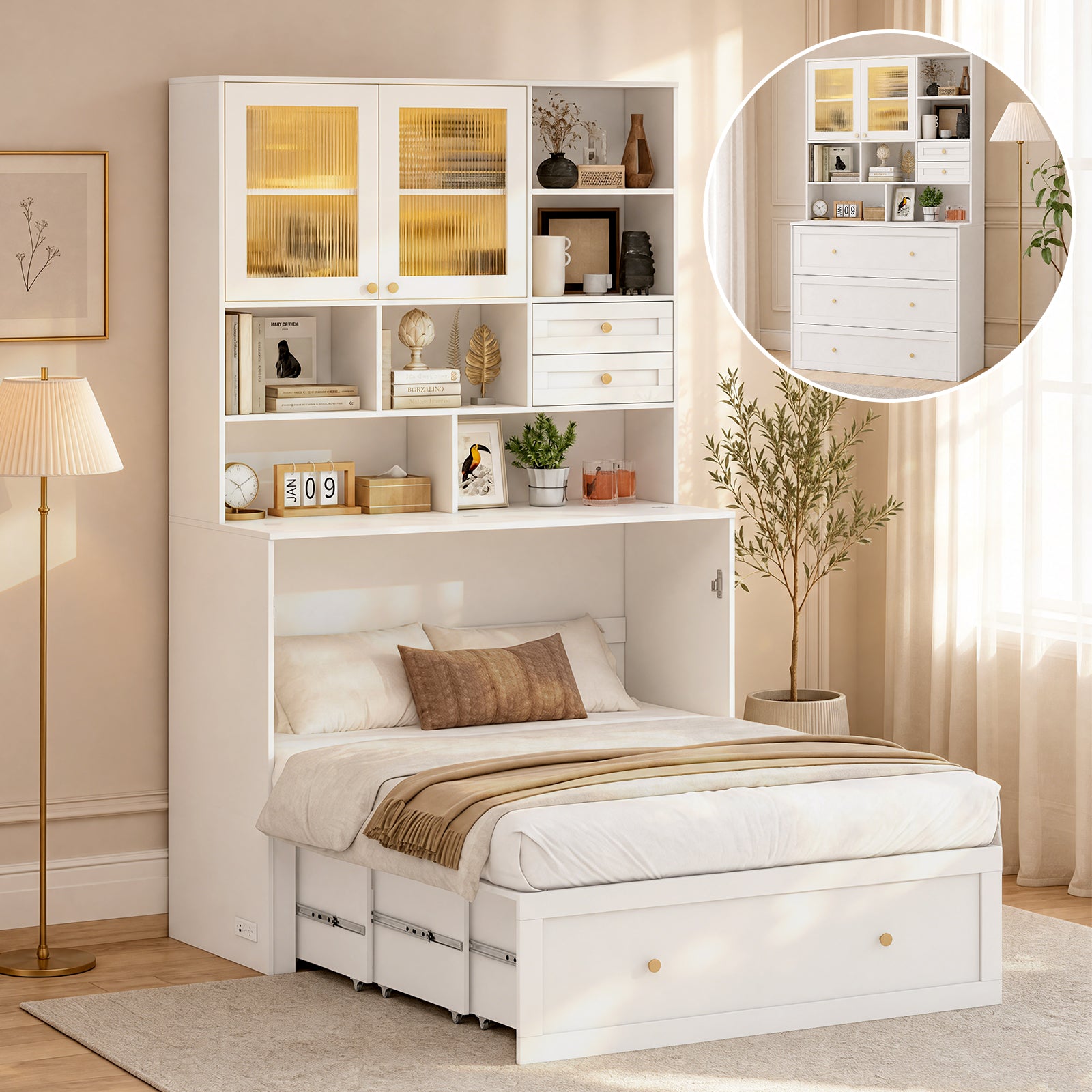 Advwin Murphy Bed w/ Large Storage & LED Light