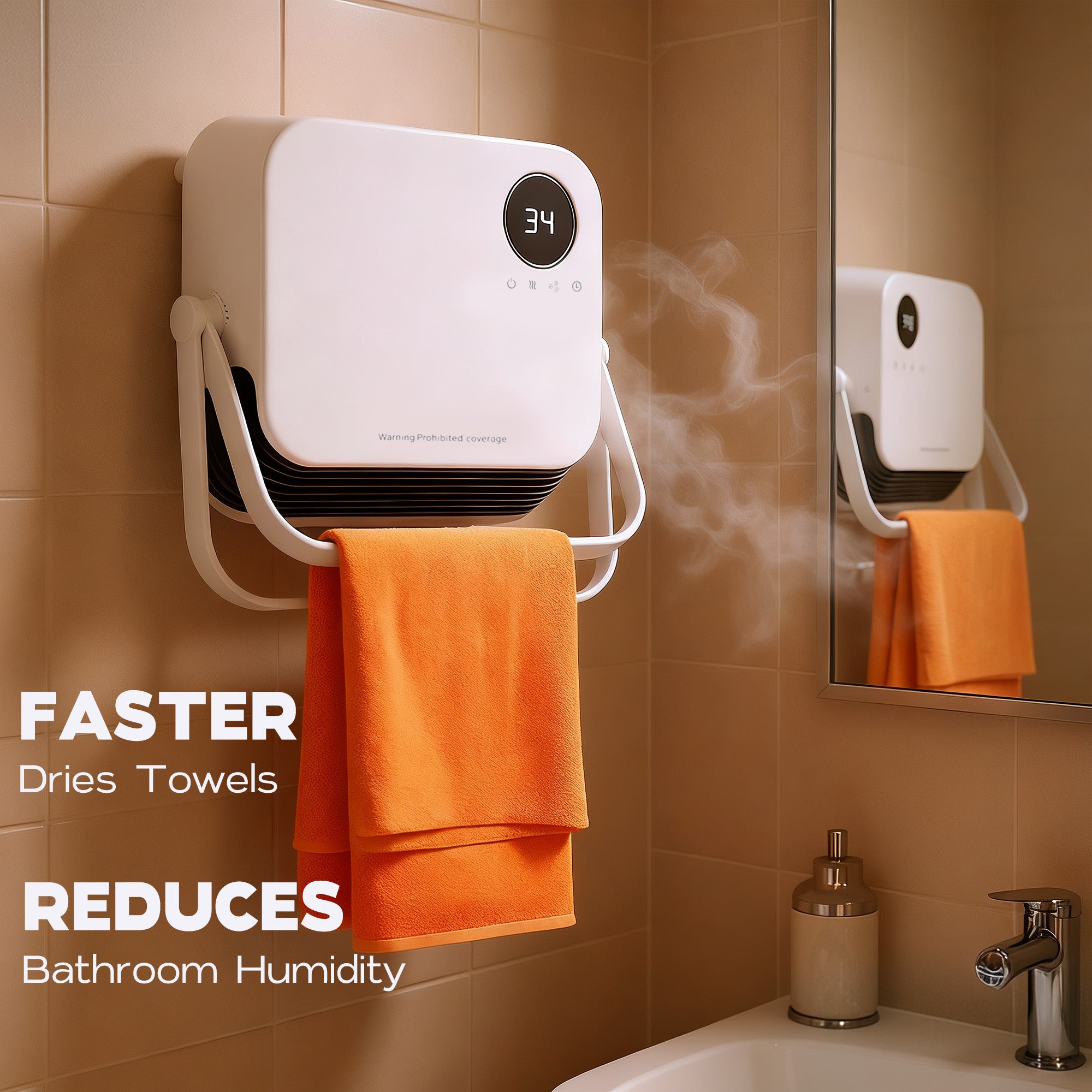 Towel dryer with an orange towel hanging on a tiled bathroom wall.