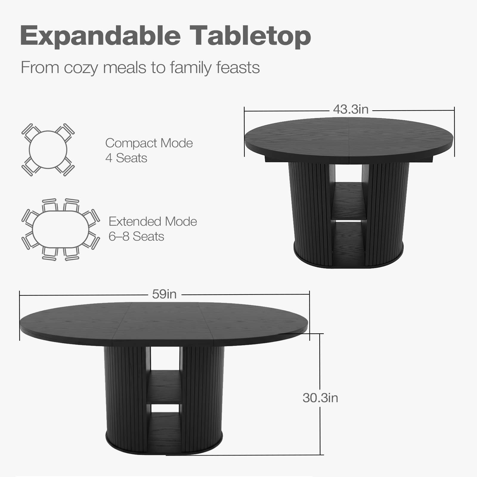 Expandable table with dimensions and seating capacity information on a white background