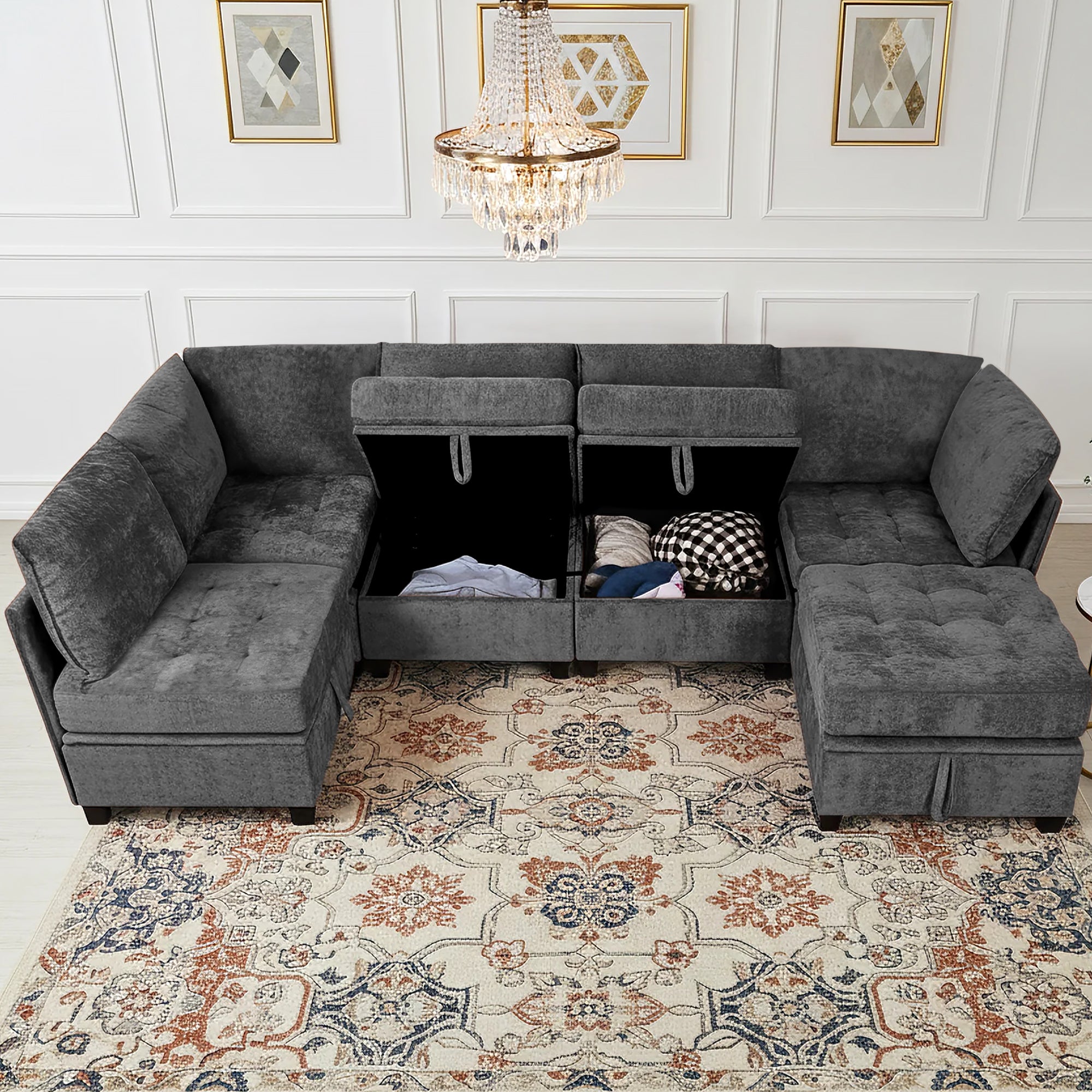 Gray sectional sofa with storage compartments in a living room setting.
