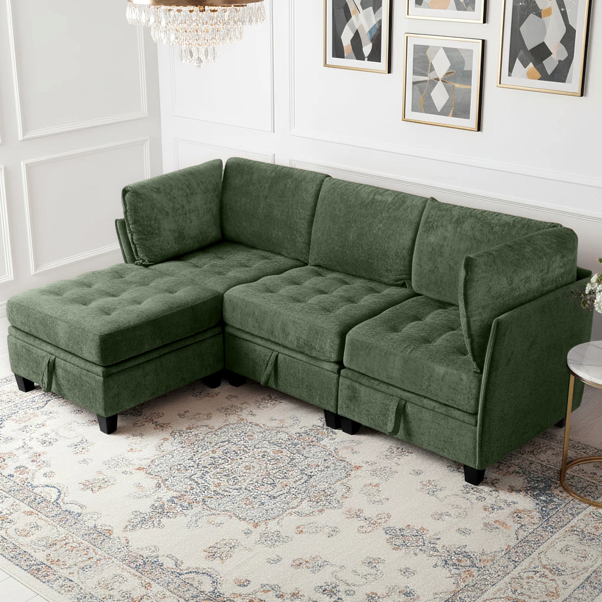 Green sectional sofa in a living room with decorative elements.