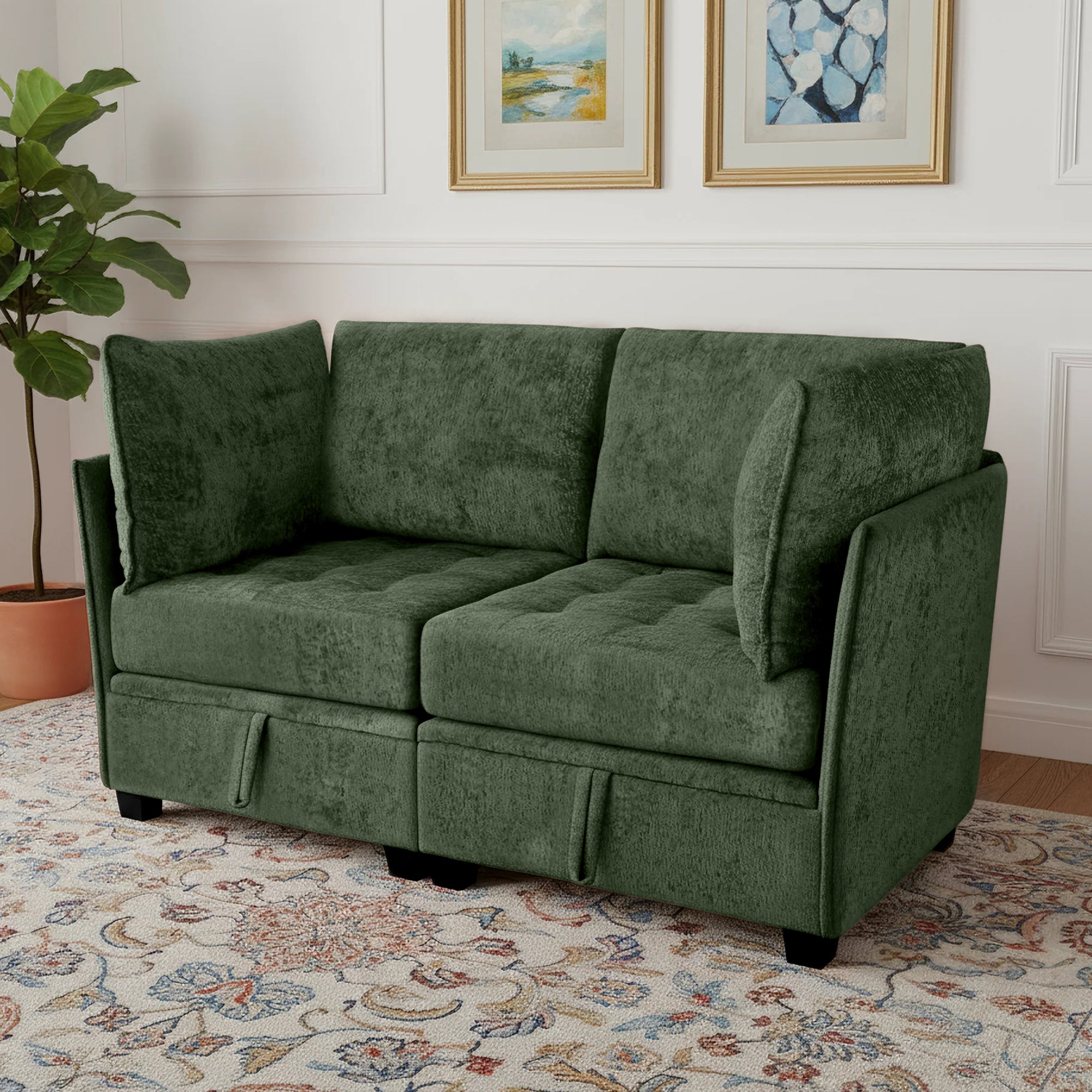 Green sofa in a living room with decorative elements