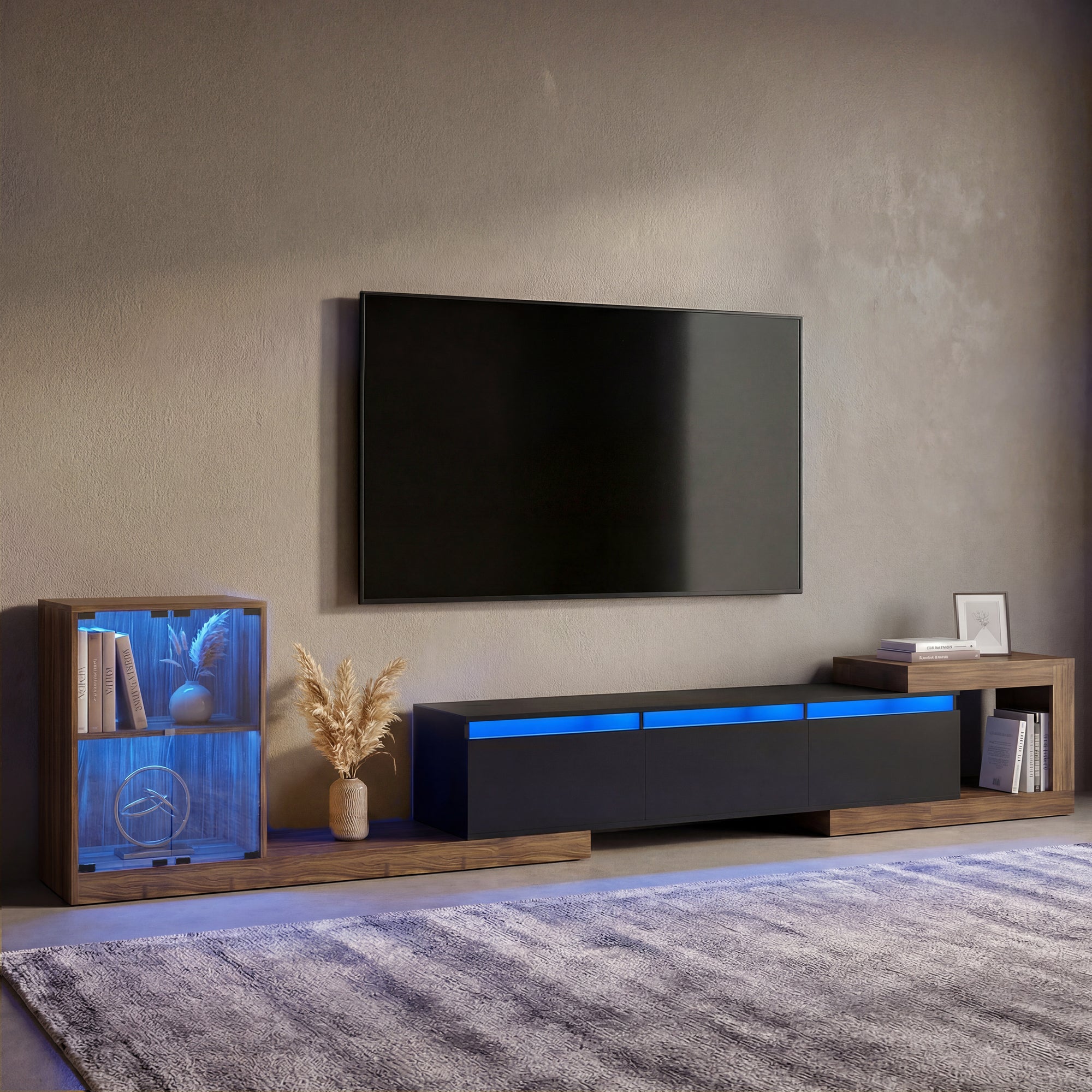 Modern living room with a TV mounted on the wall, wooden sideboard with blue LED lighting, and decorative items.