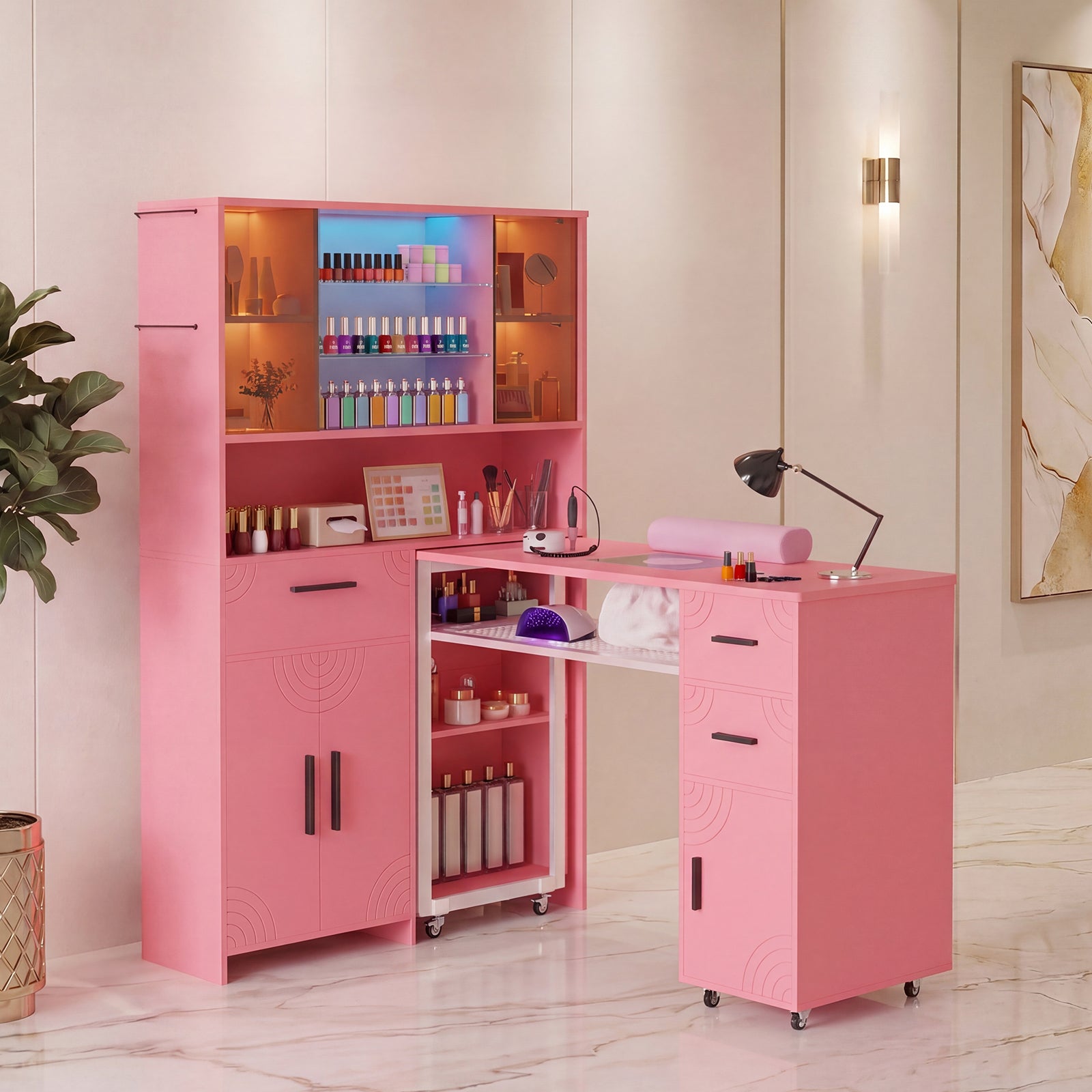 Advwin Nail Table w/ Double Tabletop & 3 Adjustable Shelves