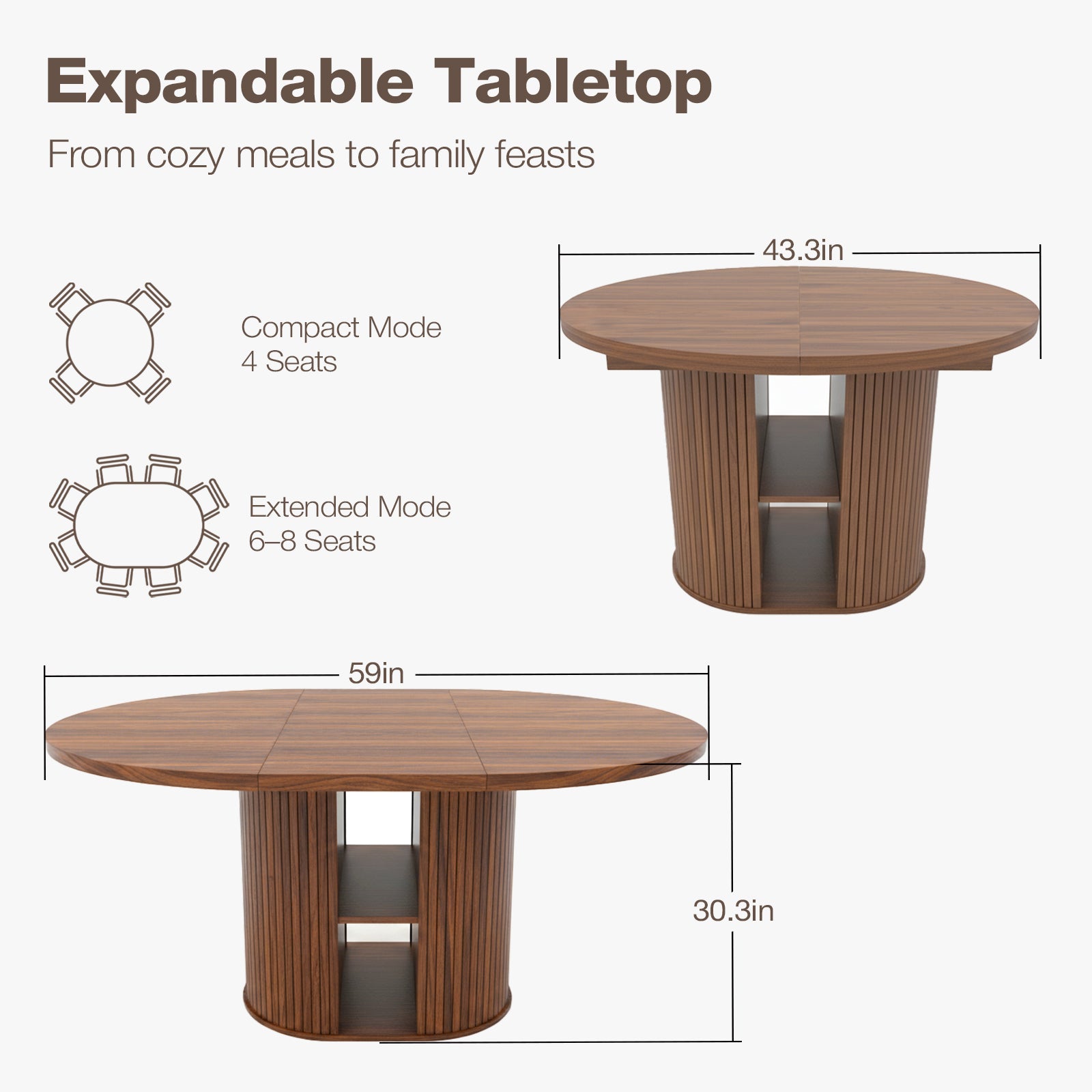 Expandable table with dimensions and seating capacity information on a white background