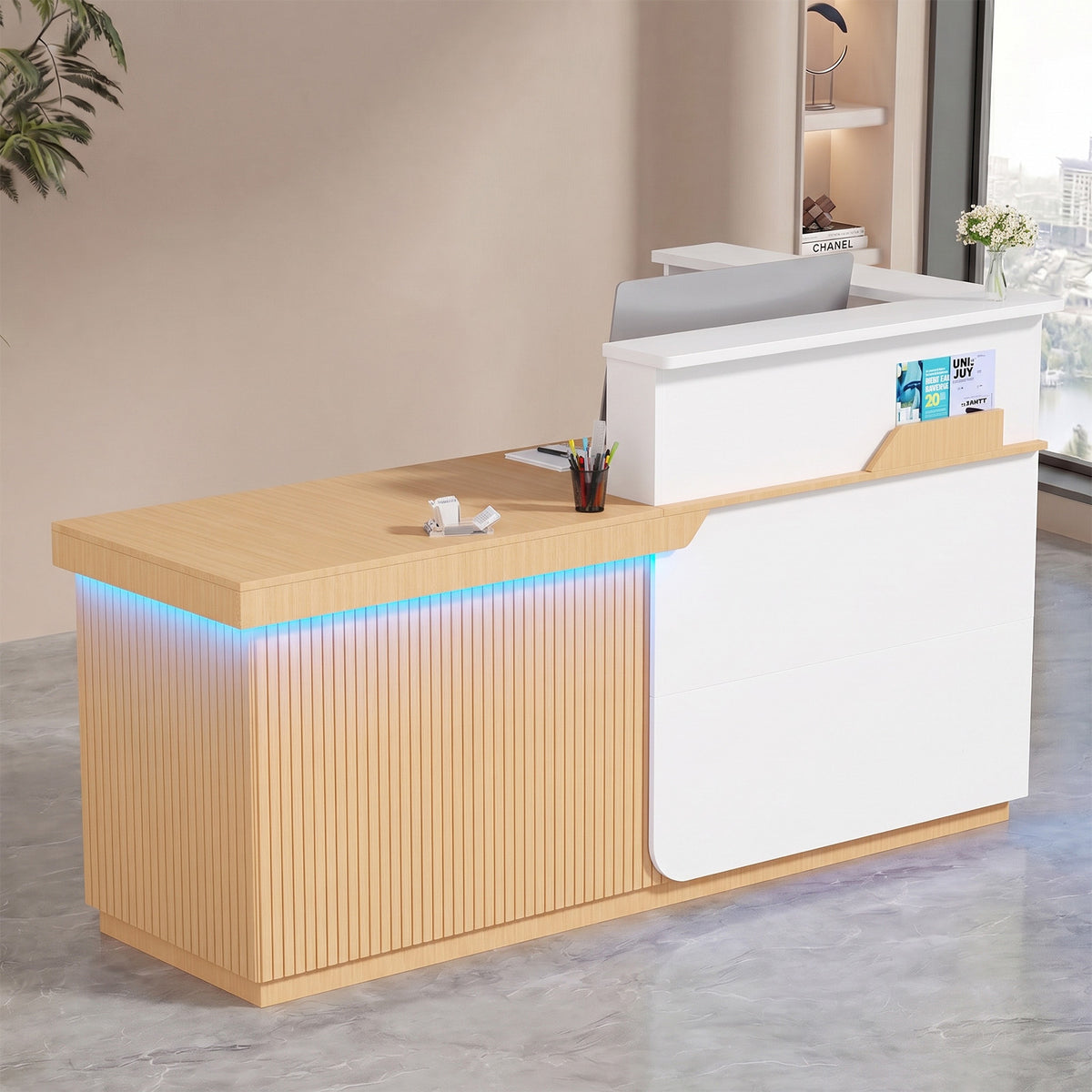 Advwin L-Shape Fluted Reception Desk w/ Counter & LED