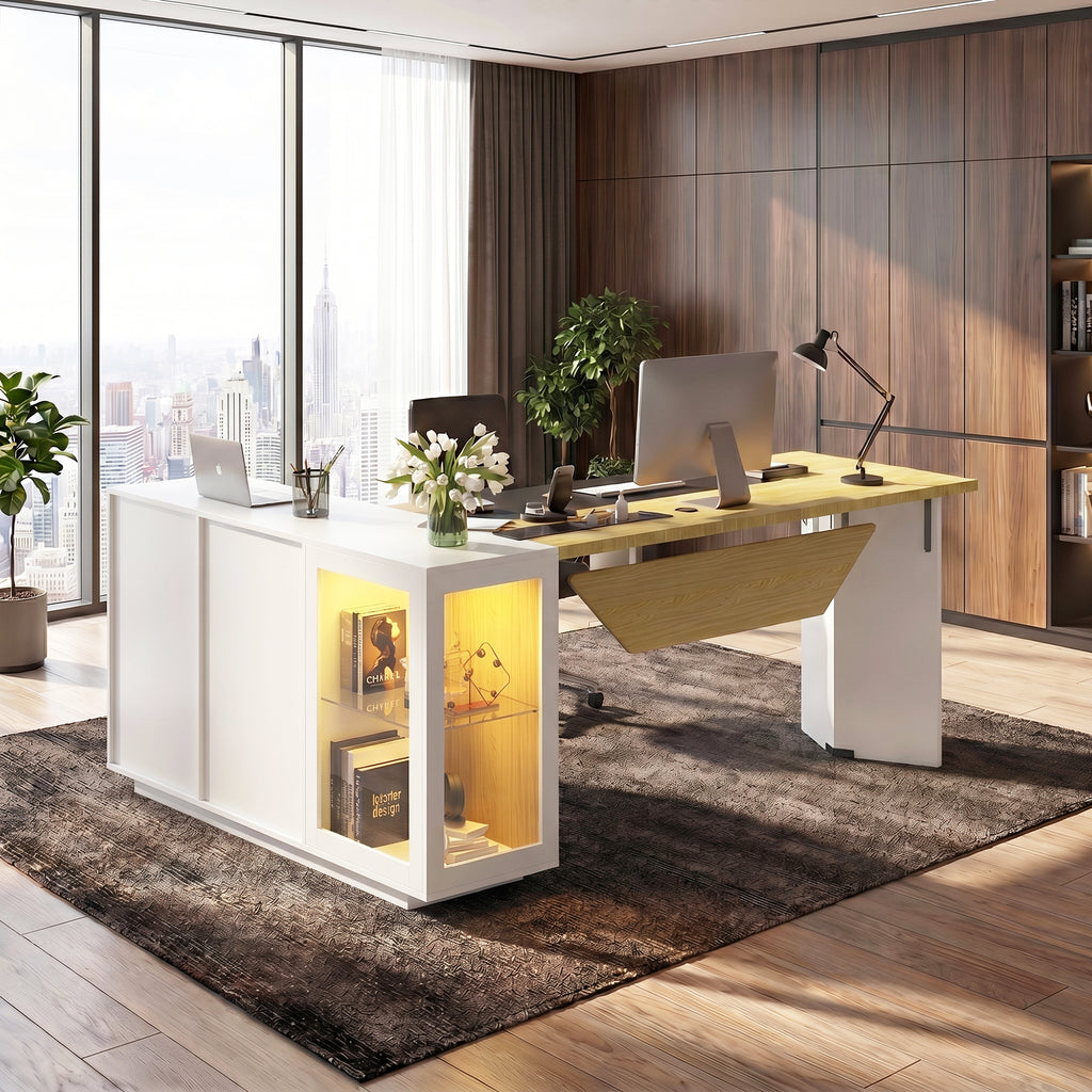 Advwin Display Advwin L-Shaped Executive Desk w/ Glass Display Cabinet