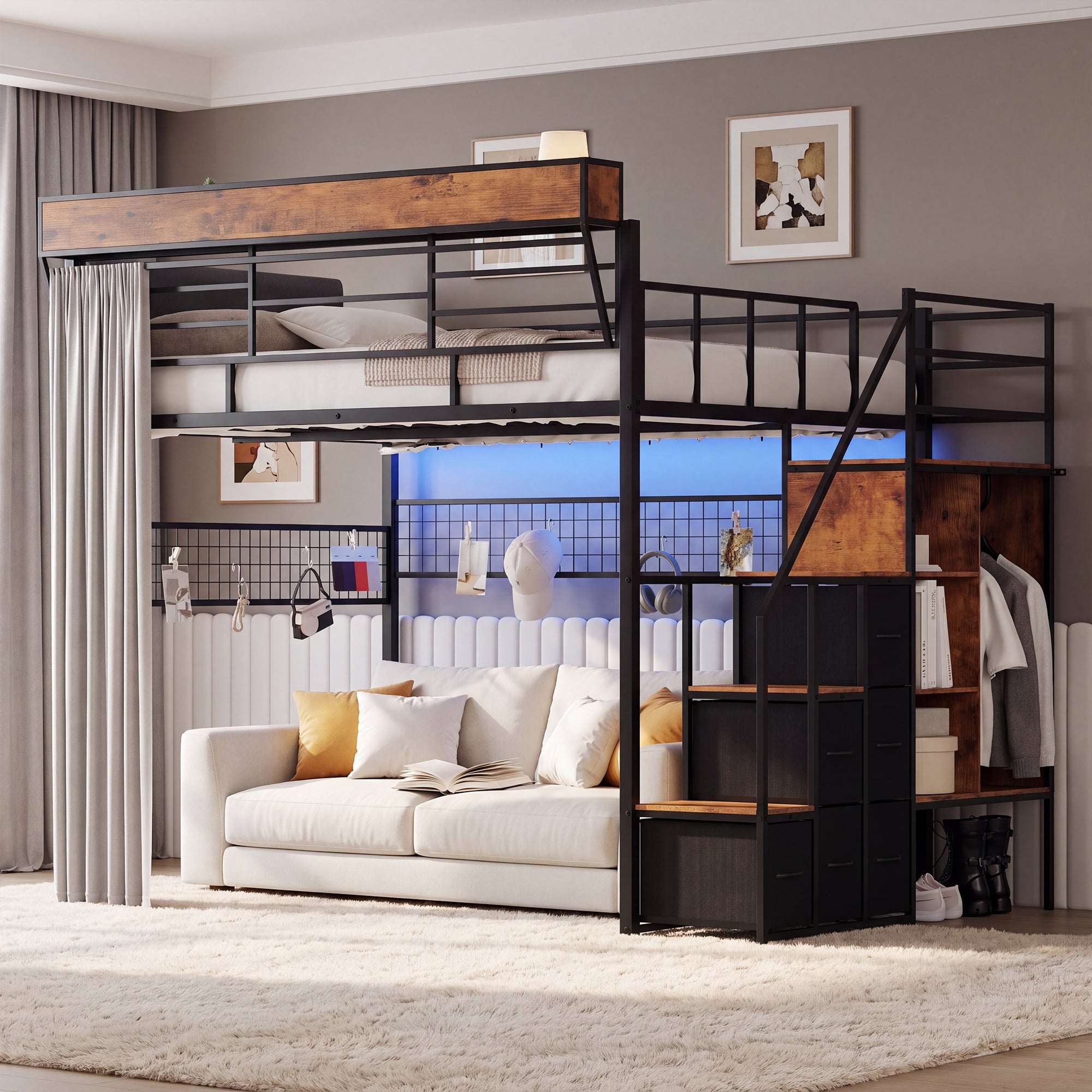 Advwin Loft Bed w/ Stairs, Storage and LED Light
