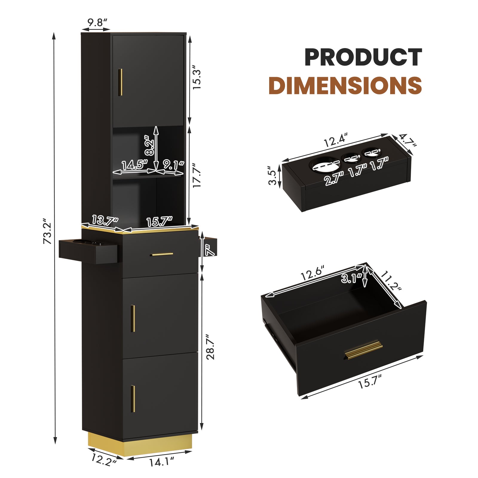 Black cabinet with dimensions labeled on a white background