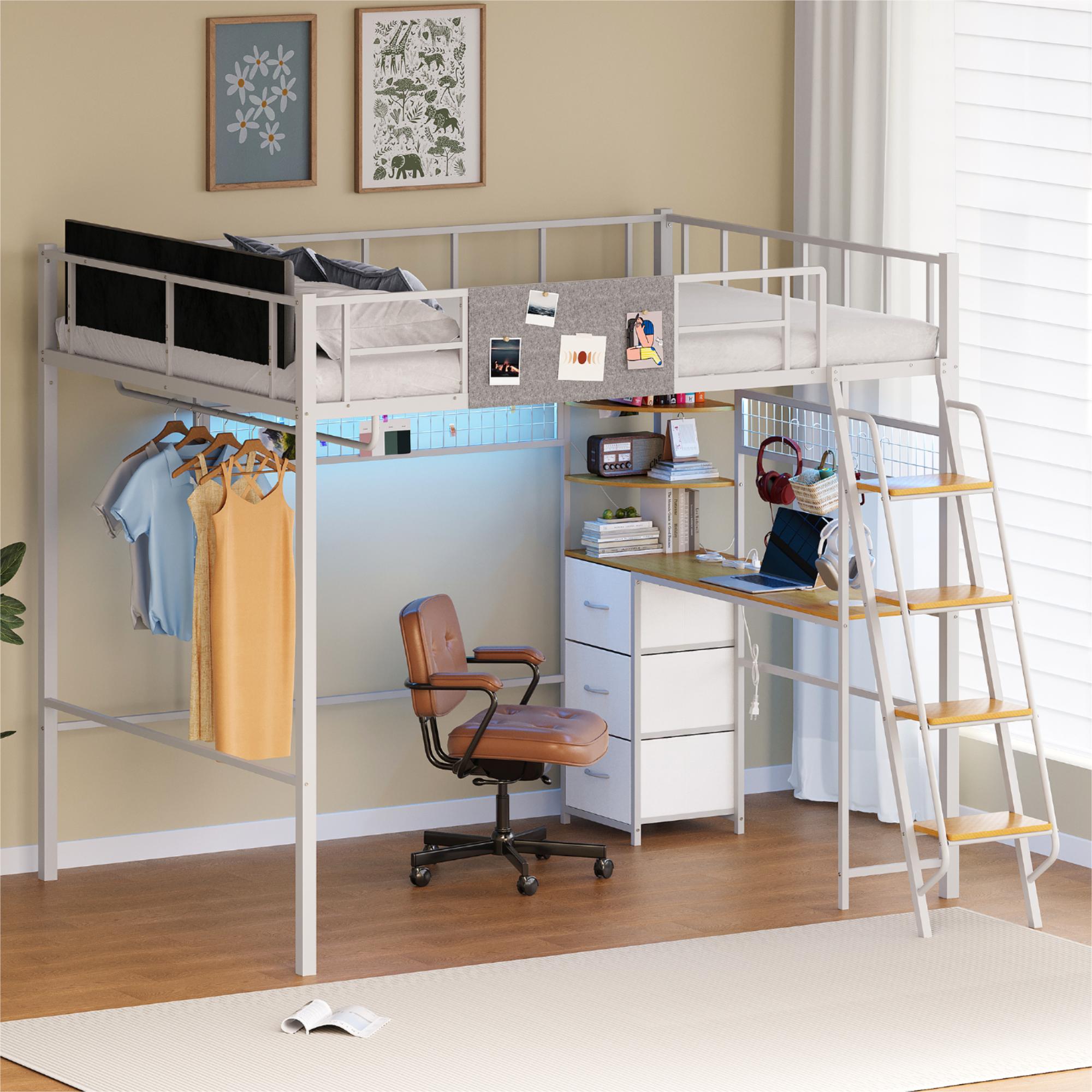 Loft bed with desk and office setup in a room with framed pictures on the wall.