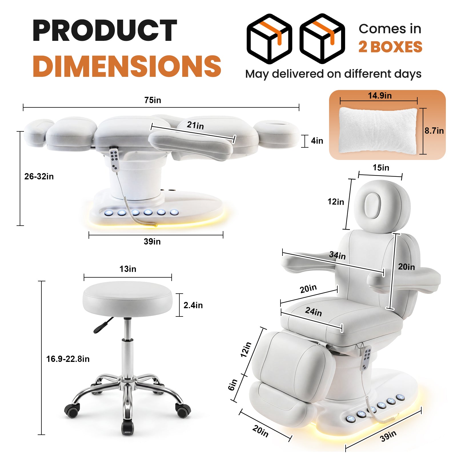 Product dimensions chart for a massage chair with various measurements.