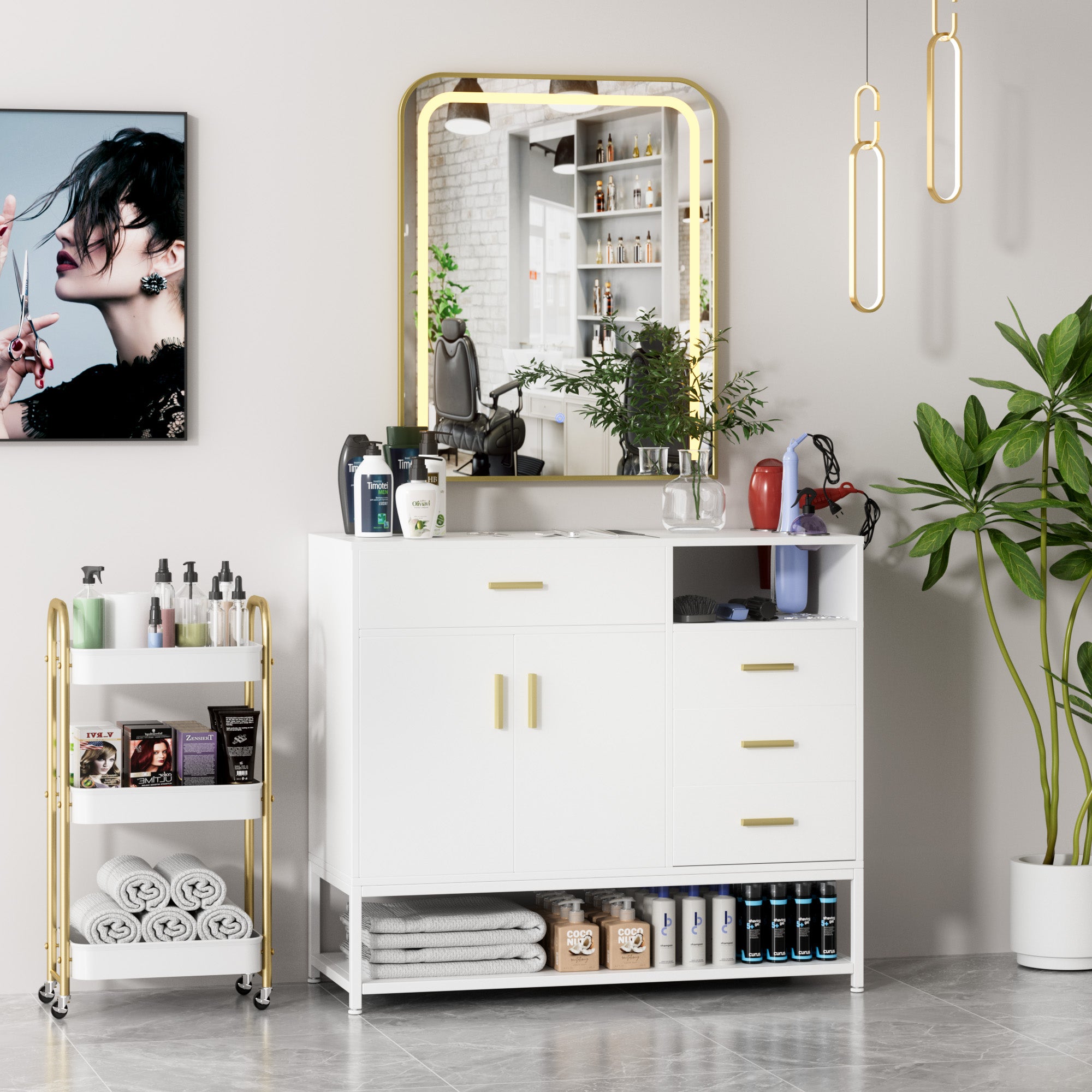 Salon or beauty studio setup with a large mirror, cabinets, and various products.