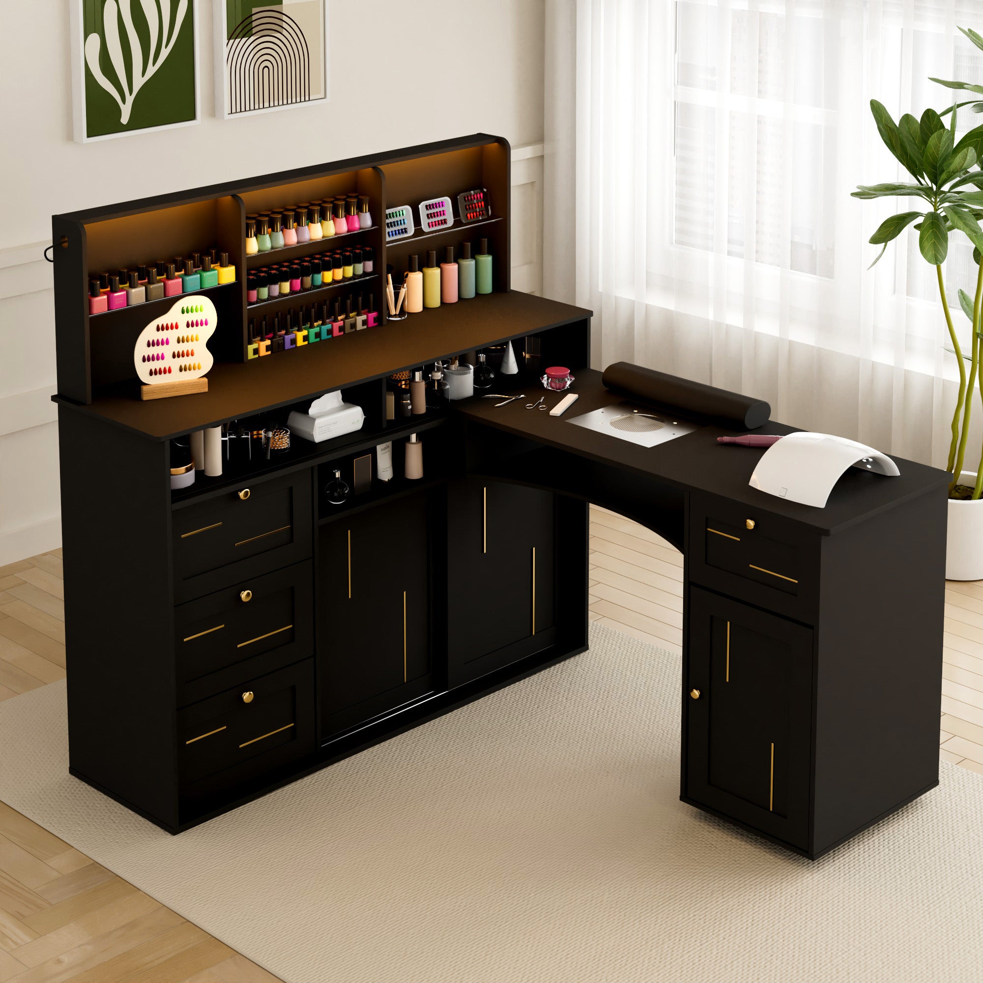 Black L-shaped desk with nail polish and tools in a room with white curtains and a plant.