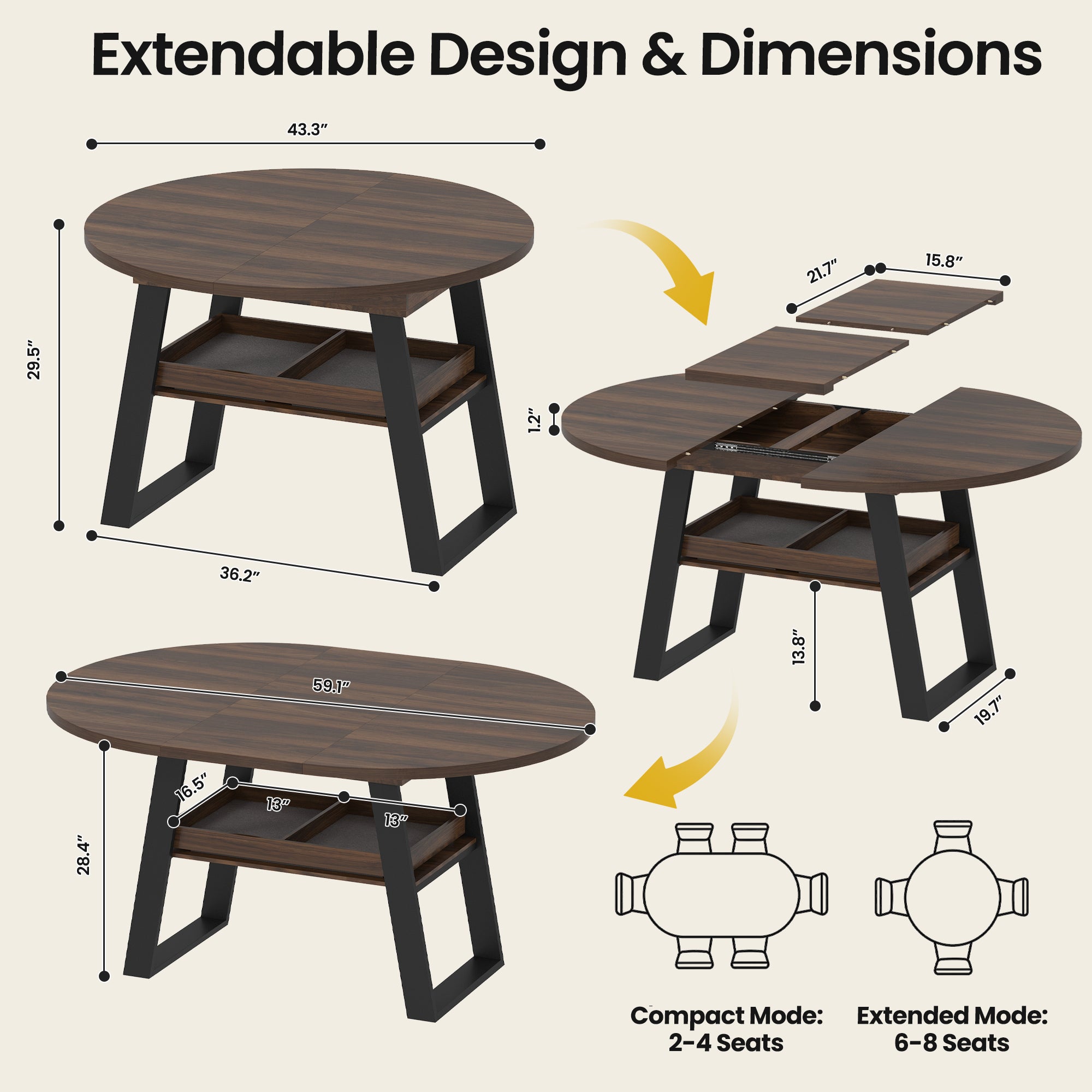 Advwin 43"-59" Extendable Round Dining Table for 4-8