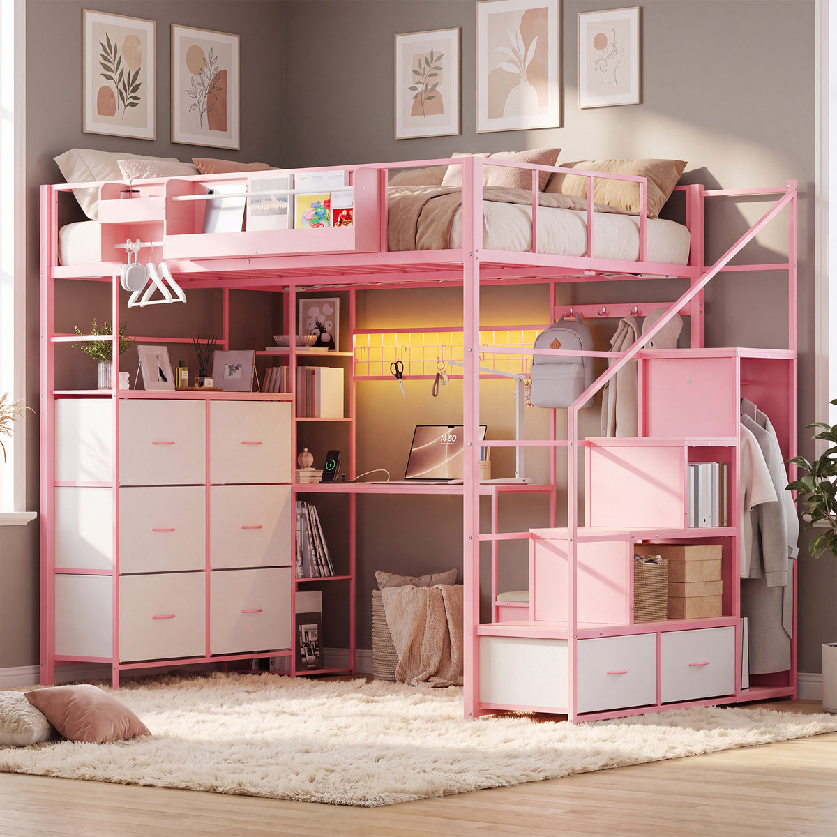 Advwin Loft Bed w/ Storage Stairs & 6-Drawer Dresser