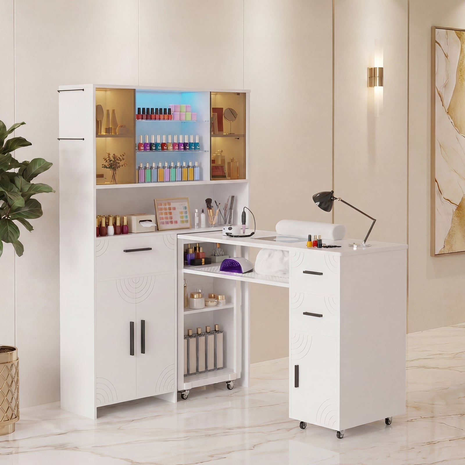 Advwin Nail Table w/ Double Tabletop & 3 Adjustable Shelves